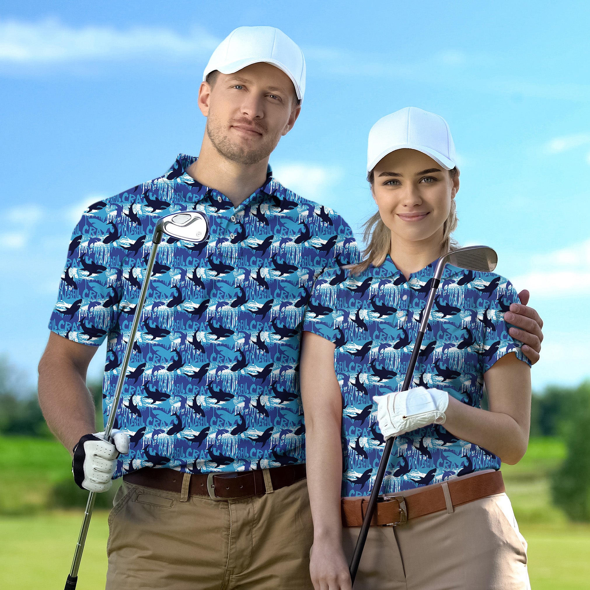 Golf Polo Couple Family set blue shark tournament