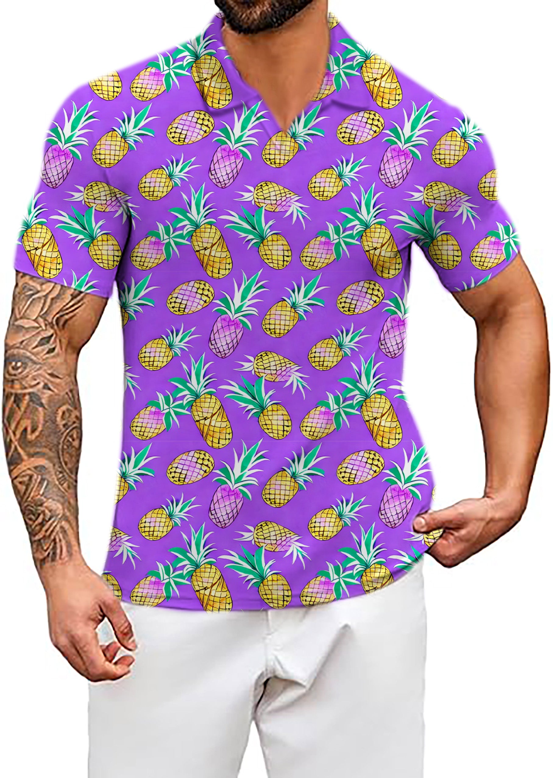 Men's Purple Pineapple V Neck Golf Polo Shirts