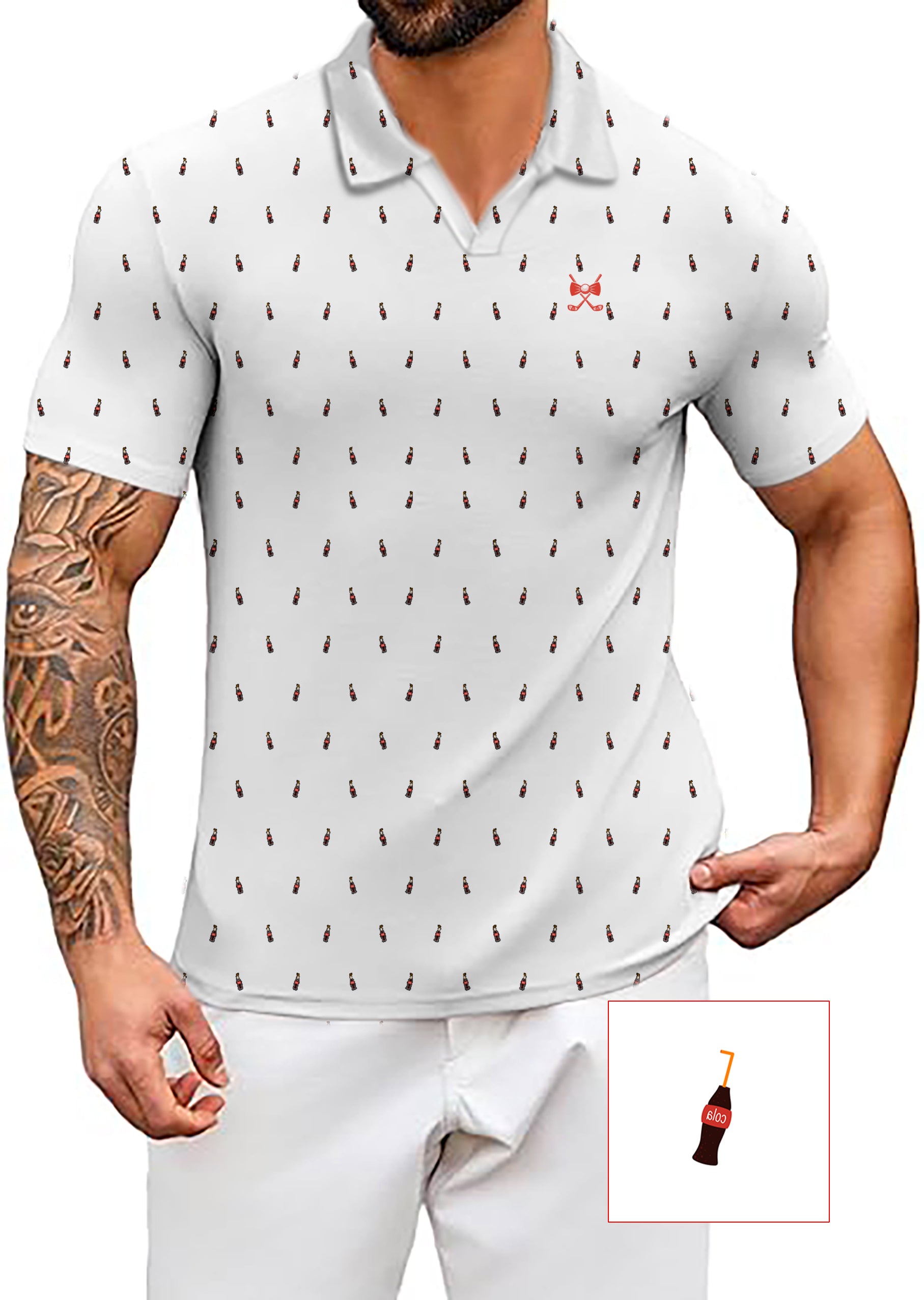 Men's White Cola Glass Bottle V Neck Golf Polo Shirts