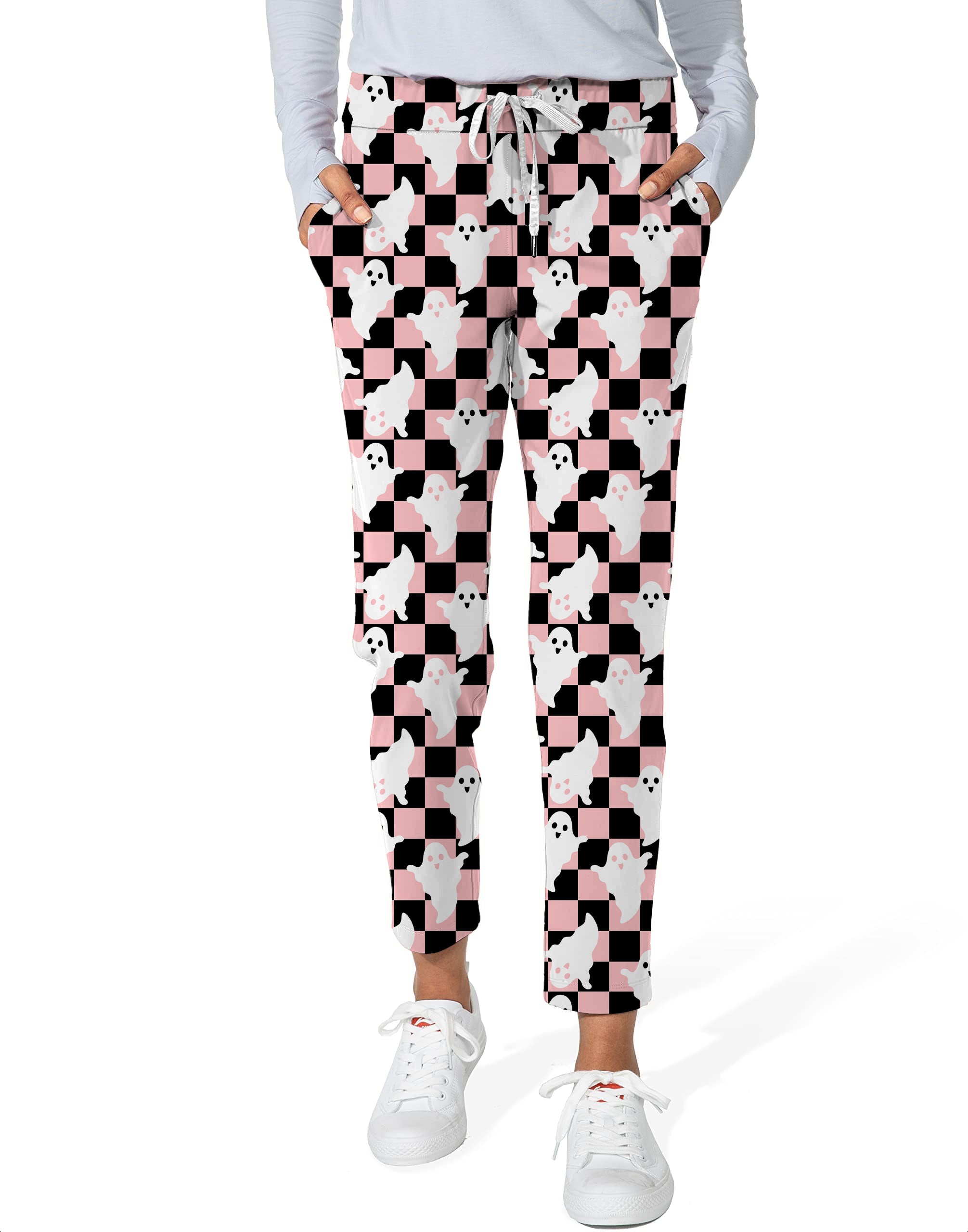 Halloween Black and White Checkerboard Ghost Women's 7/8 Stretch Ankle Golf Pants
