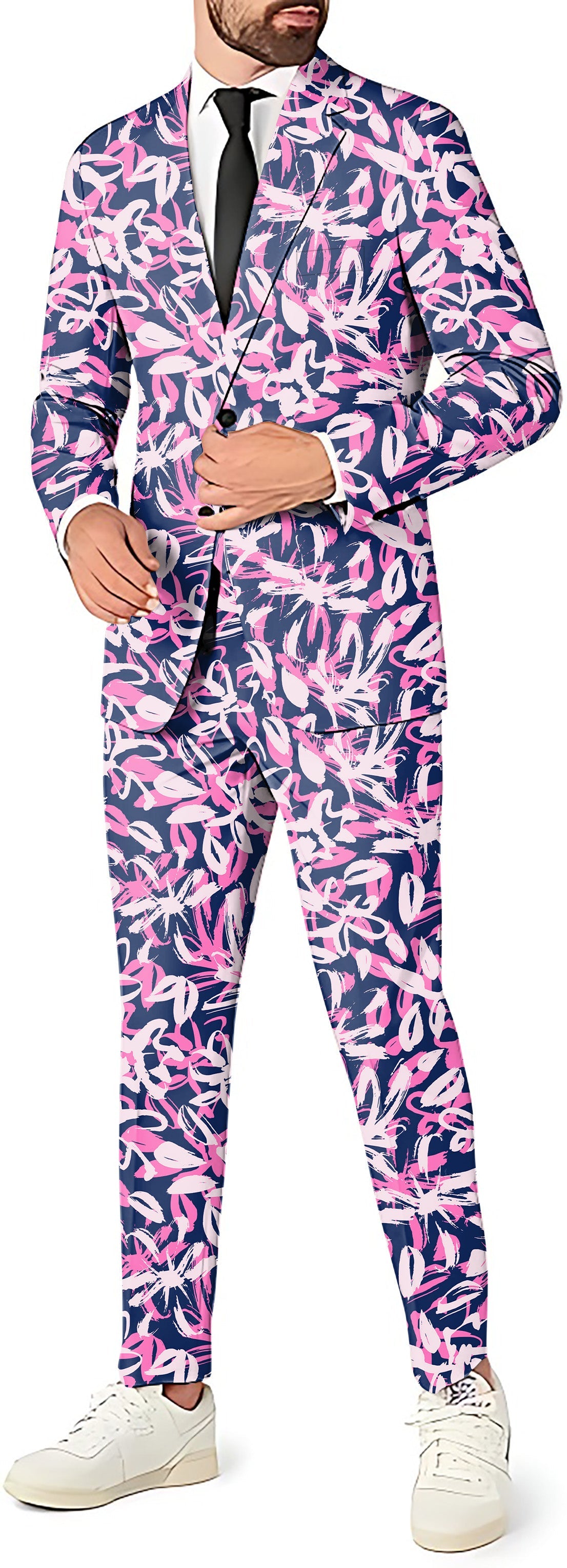 Draw Flowers Men's Party Costume with pink floral blazer and pants set