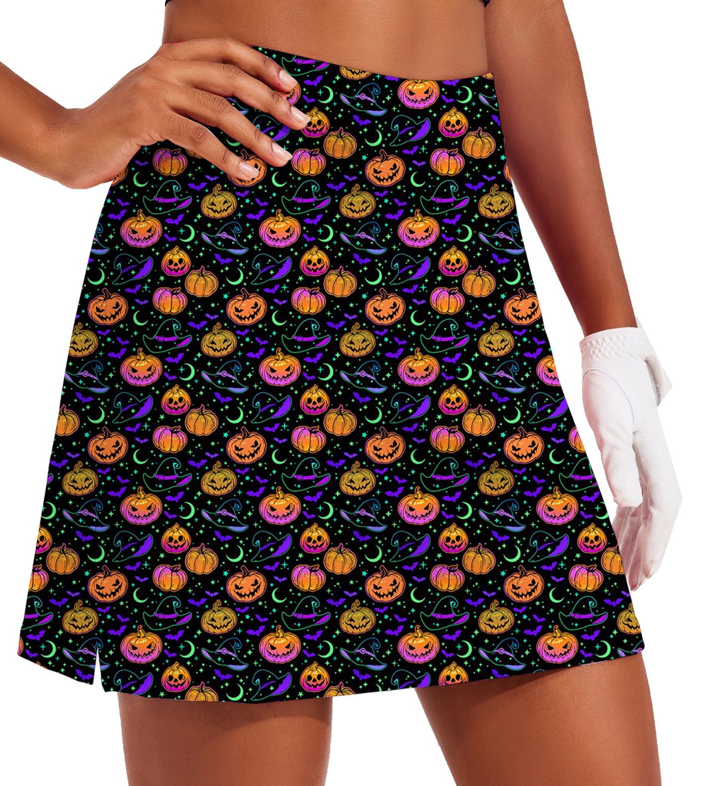 Women's Neon Magical Pumpkin Golf Skirts Inner Shorts Pocket