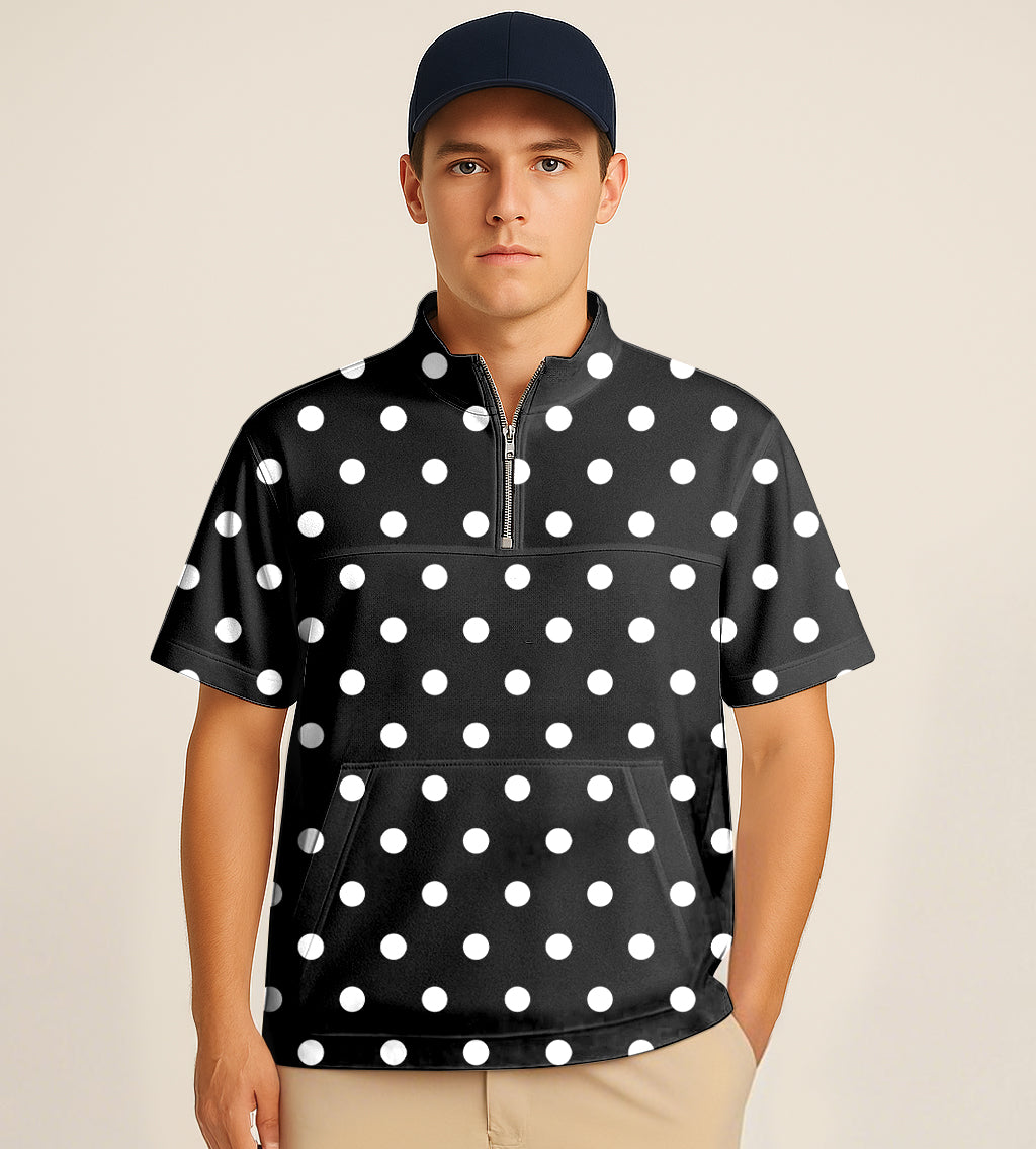 Men's Short Sleeve Quarter Zip Golf Pullover Pink Polka Dots Embroidery