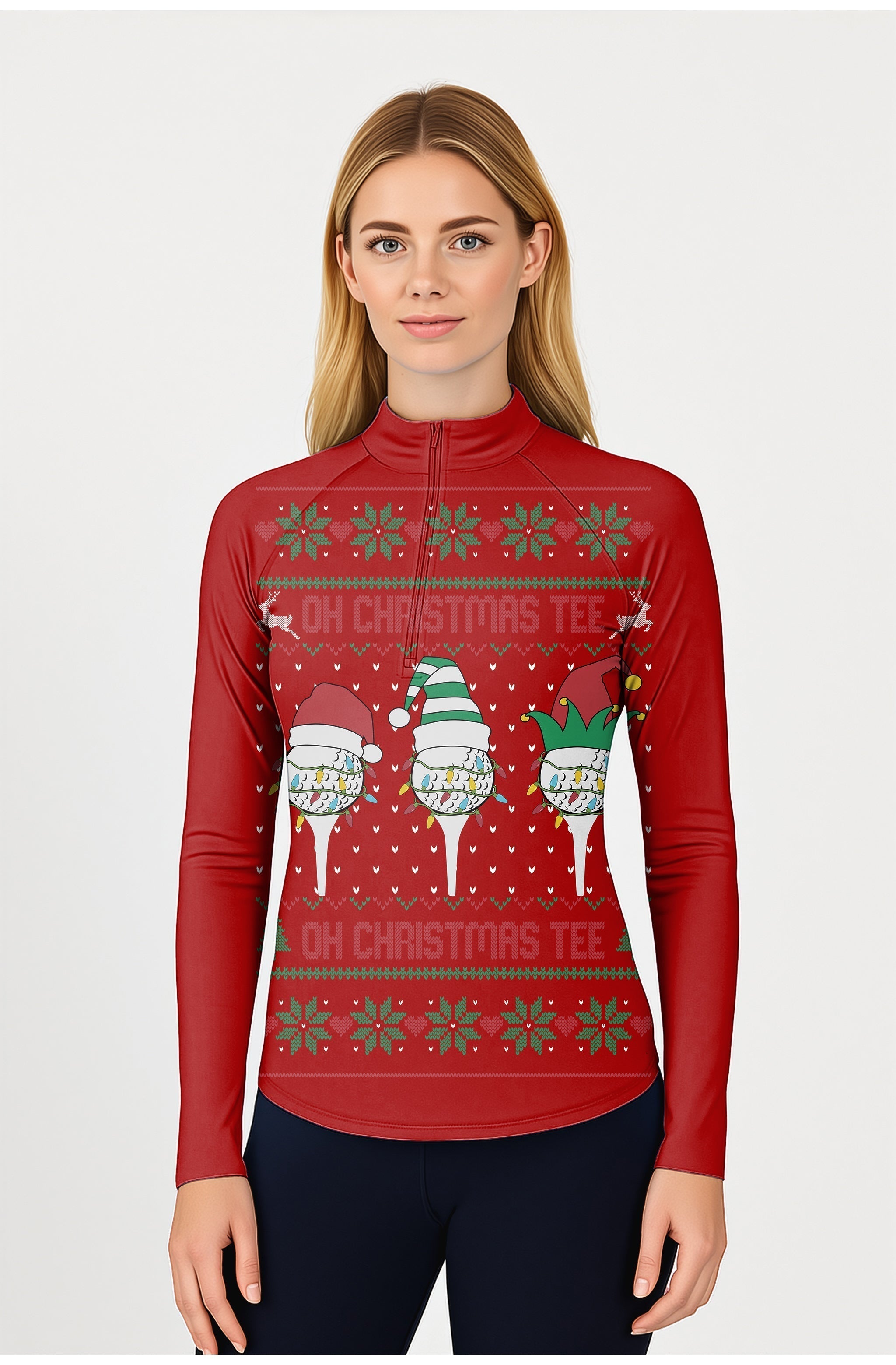 Women's Red-Christmas Custom face golf active 3/4 zip top with long sleeves and festive design