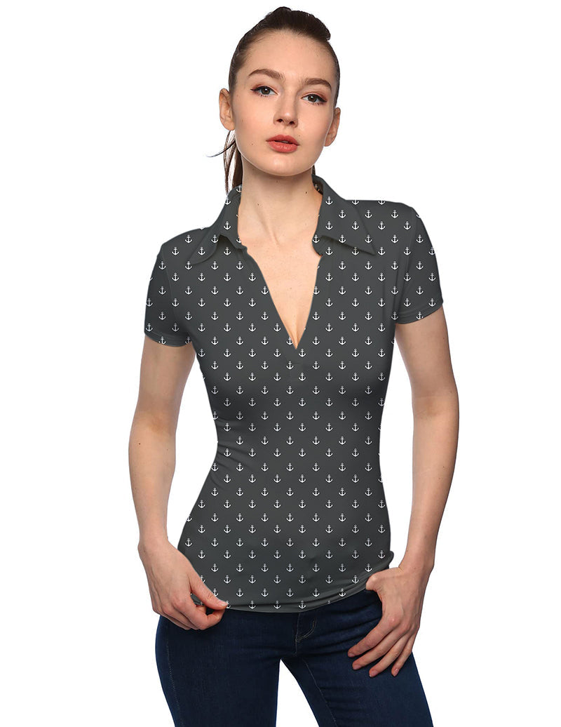 Women's black anchor print V-neck golf polo shirt with stand collar and short sleeves