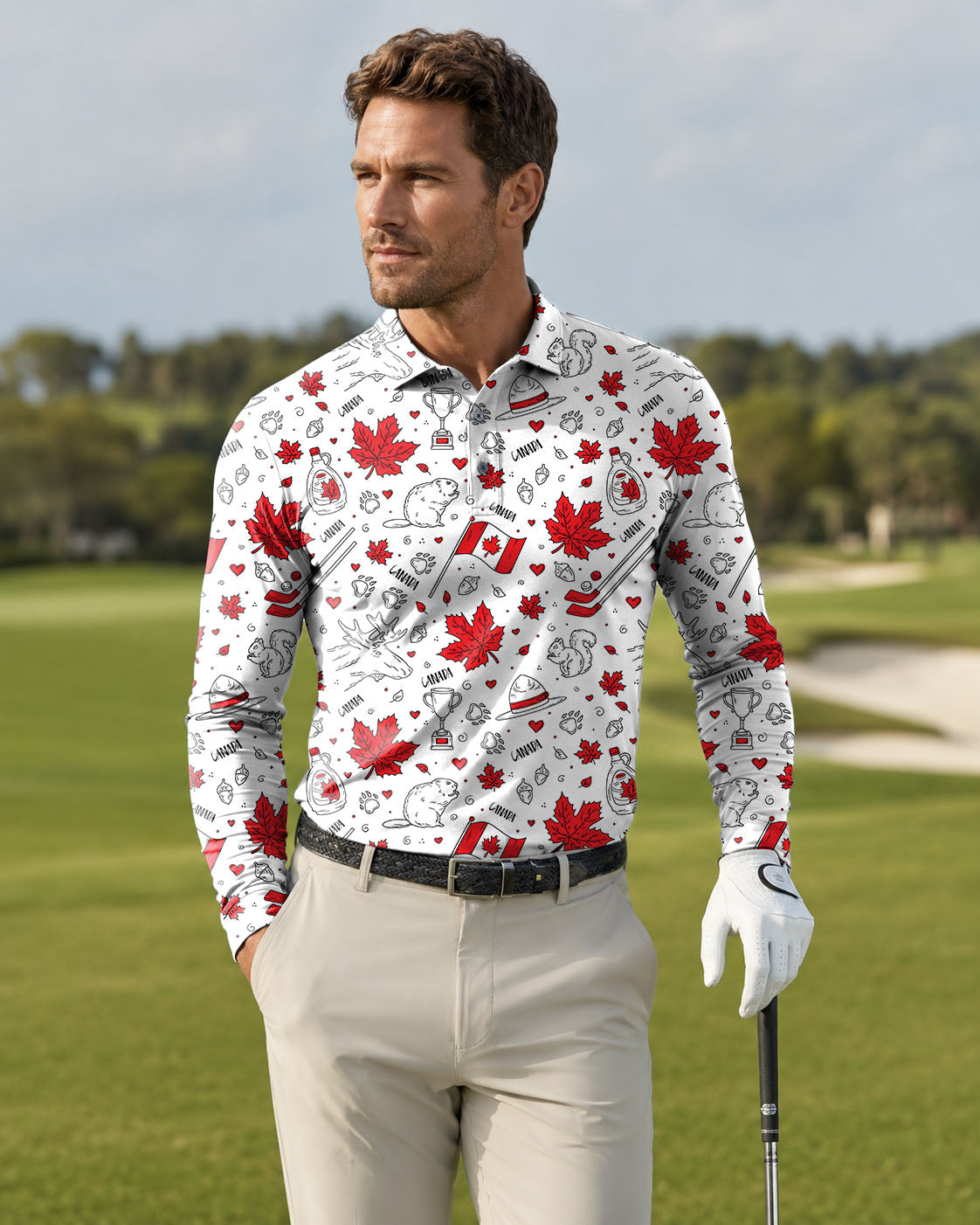 Men's Canadian Balloon Squirrel Maple Leaves Long-sleeved Polo