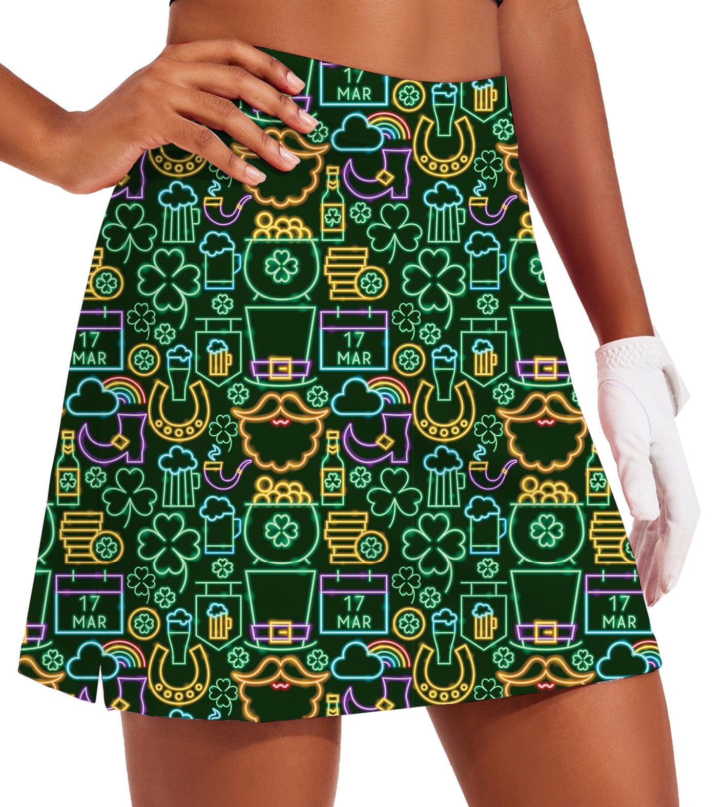 Women's Neon Saint Pattys Party Golf Skirts Inner Shorts Pocket