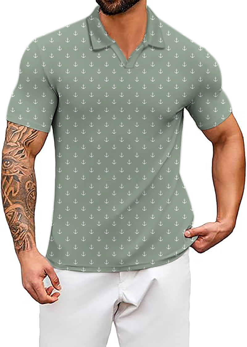 Men's Coconut Palm light green polo shirt with navy blue ink dot anchor pattern, four-way stretch, moisture-wicking fabric, UPF 40+ protection, and classic fit