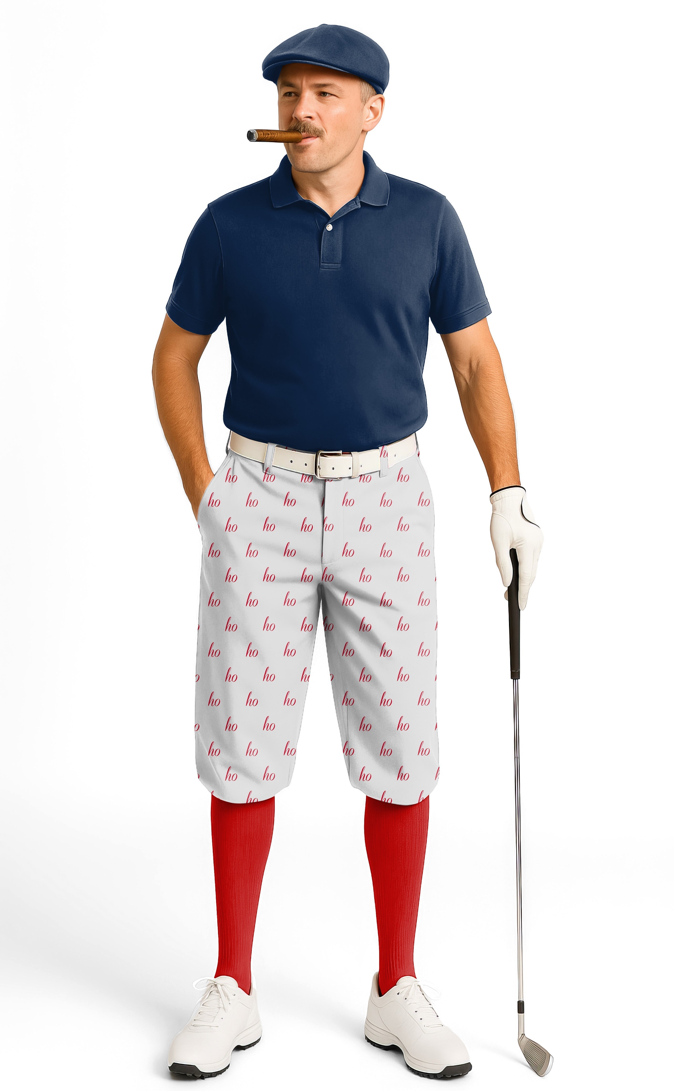 Man wearing grey custom name Christmas men's golf knickers with red socks and navy polo playing golf