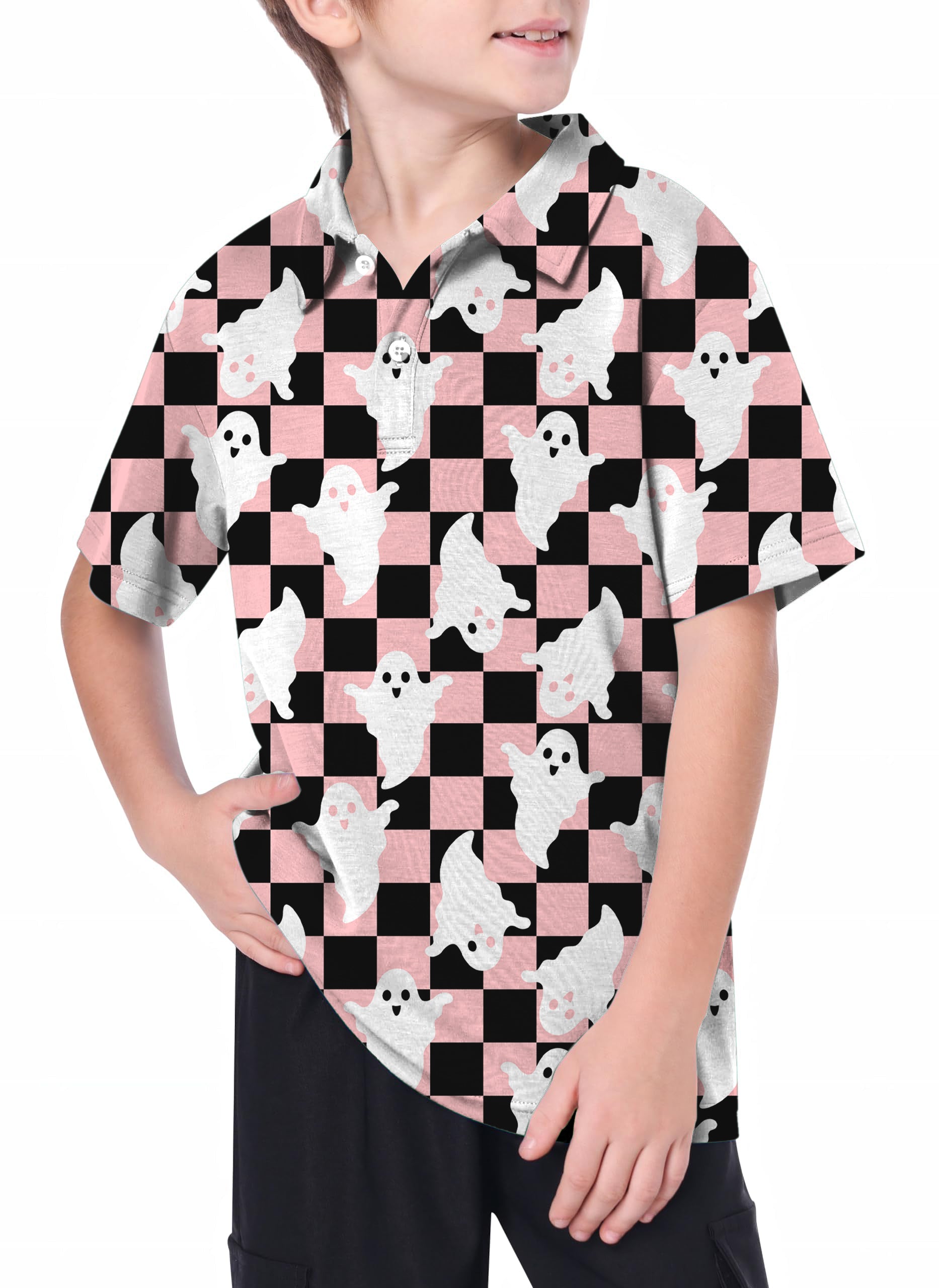 Youth Halloween Black and White Checkerboard Ghost Golf Polo