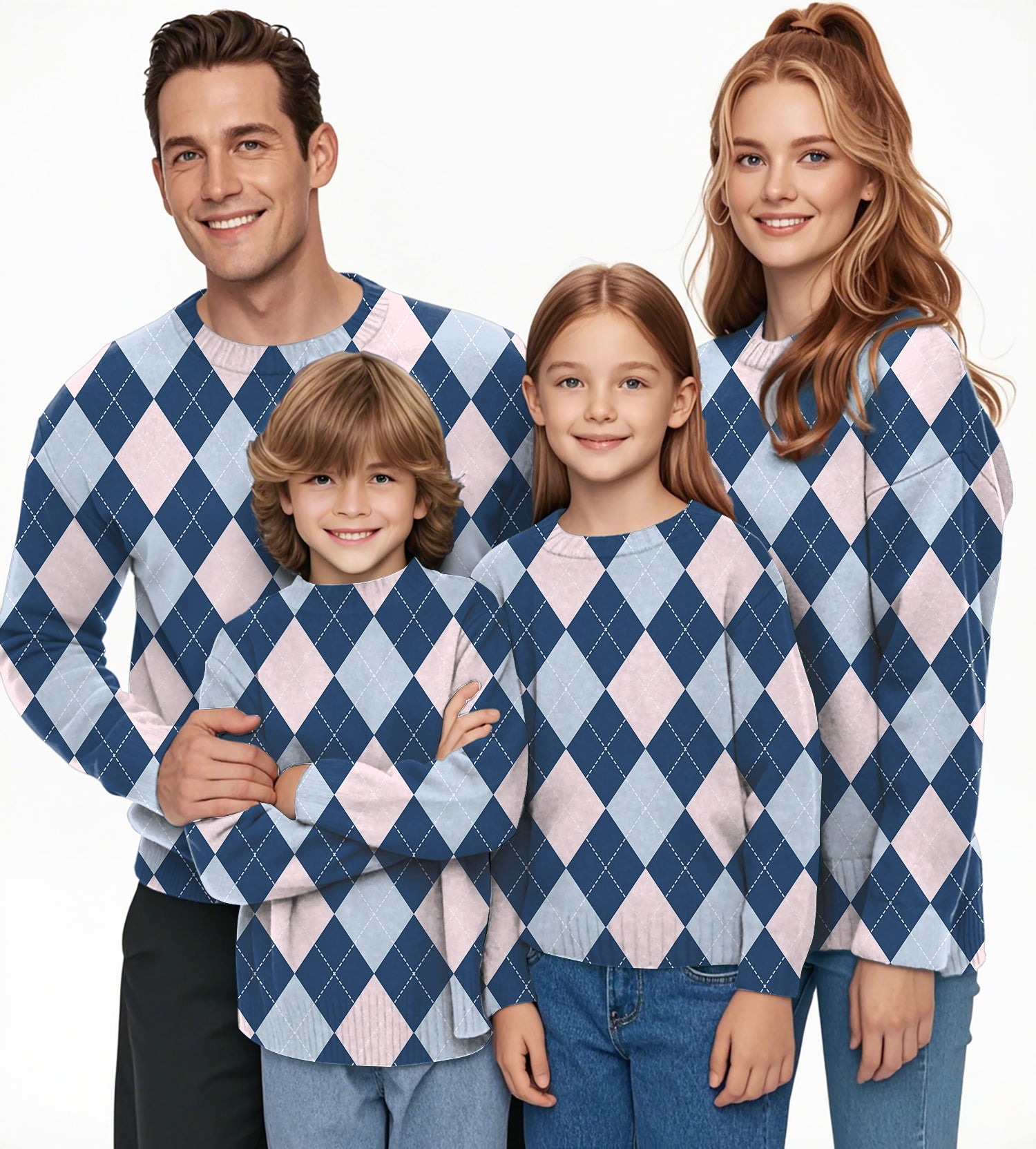 blue Argyle Crewneck Pullover Ugly Sweater Men Women boy girl family