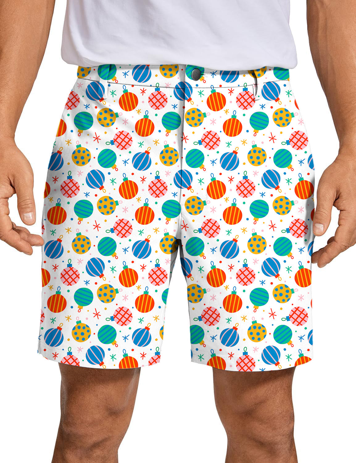 Men's golf shorts with colorful Christmas ornament pattern, lightweight and breathable performance fabric