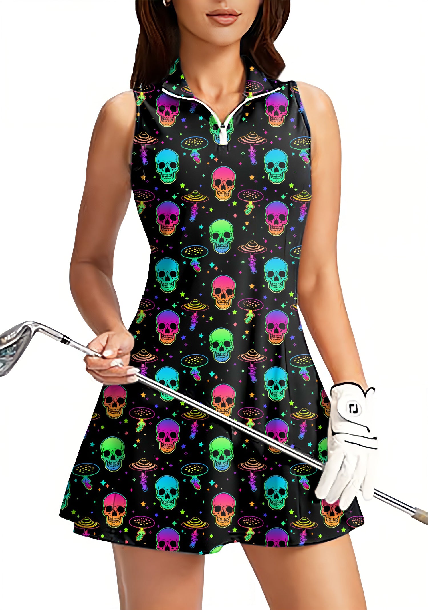 Neon Mushroom Skeleton Women's Golf Sleeveless Zipper Dresses with Built in Shorts