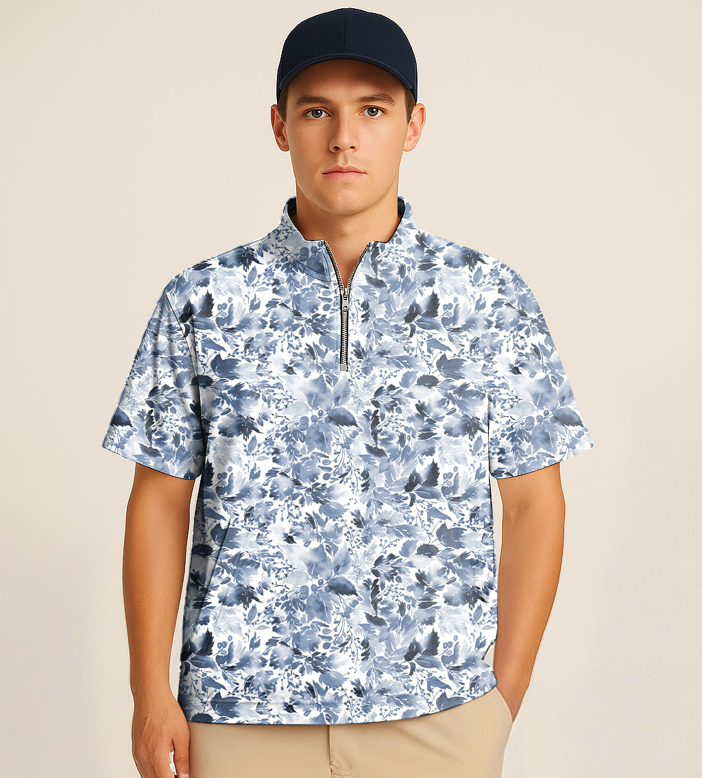 Half Zipper Turtleneck Golf Short Shirt BLUE LEAVES Embroidery