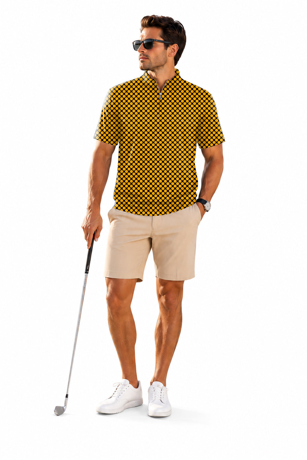 Men's Short Sleeve Quarter Zip Golf Pullover Halloween black and yellow polka dots