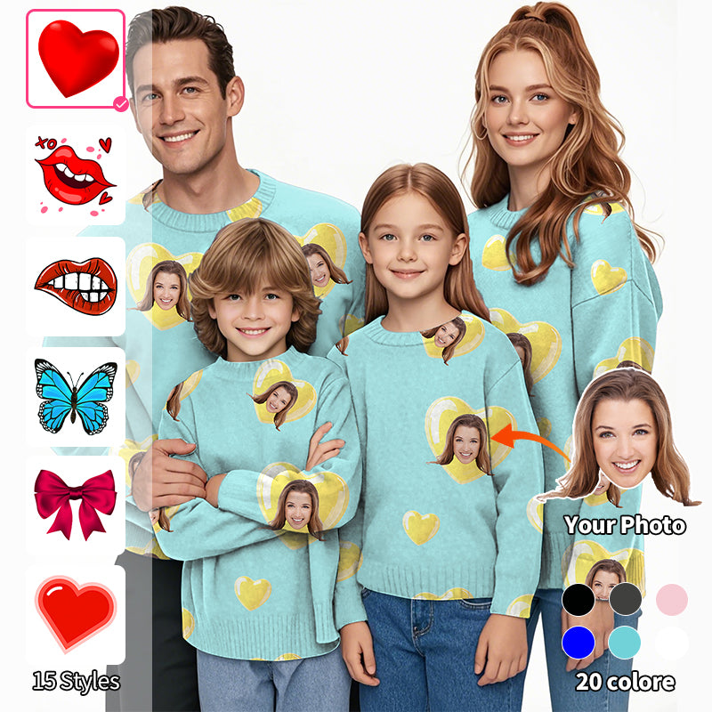 Custom Photo Face Custom Color Green Blue Love Crewneck Pullover Ugly Sweater Men Women boy girl family