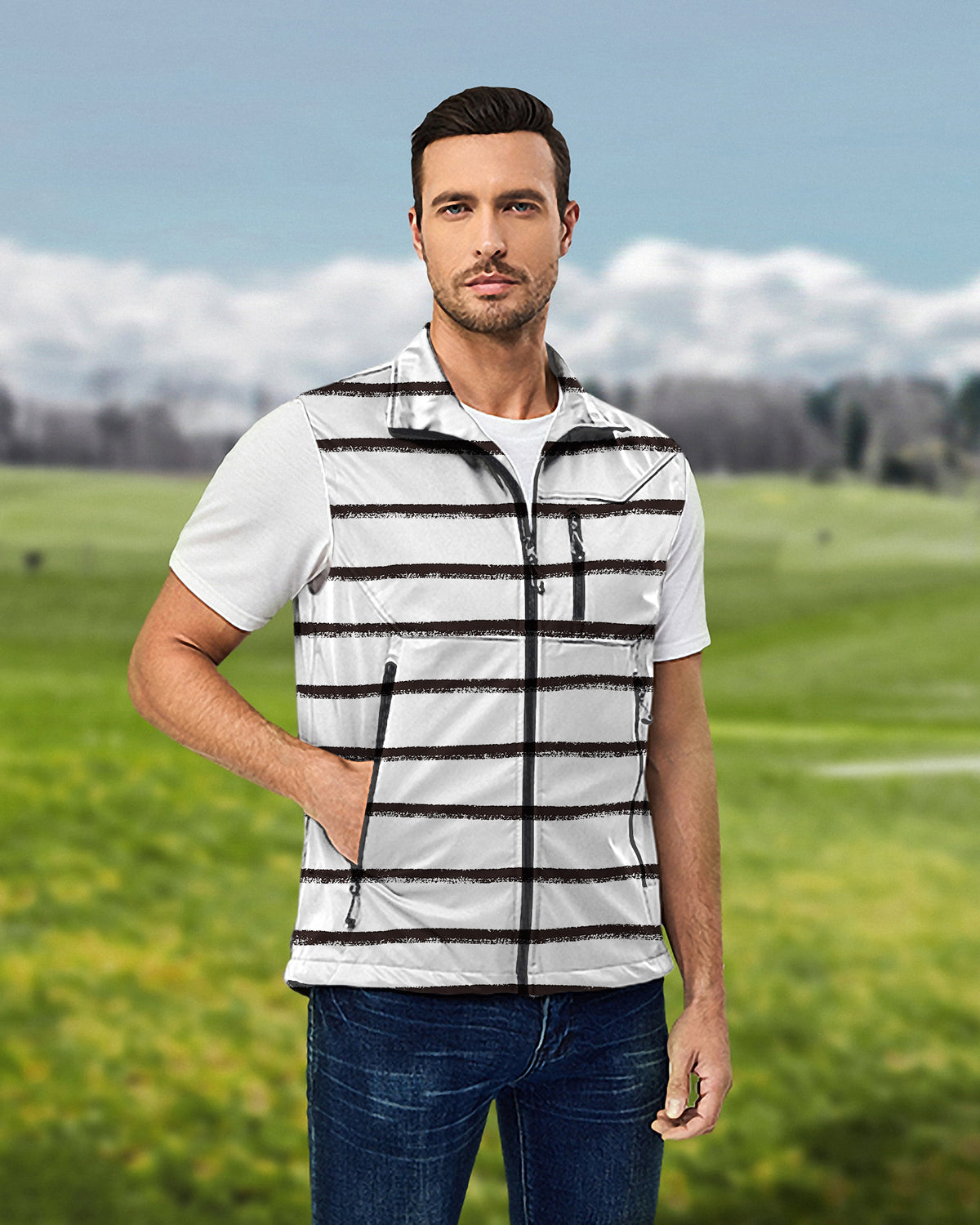 Men's Black and white crayon-style stripes Lightweight Softshell Vest Sleeveless Jacket for Golf Windproof Waterproof