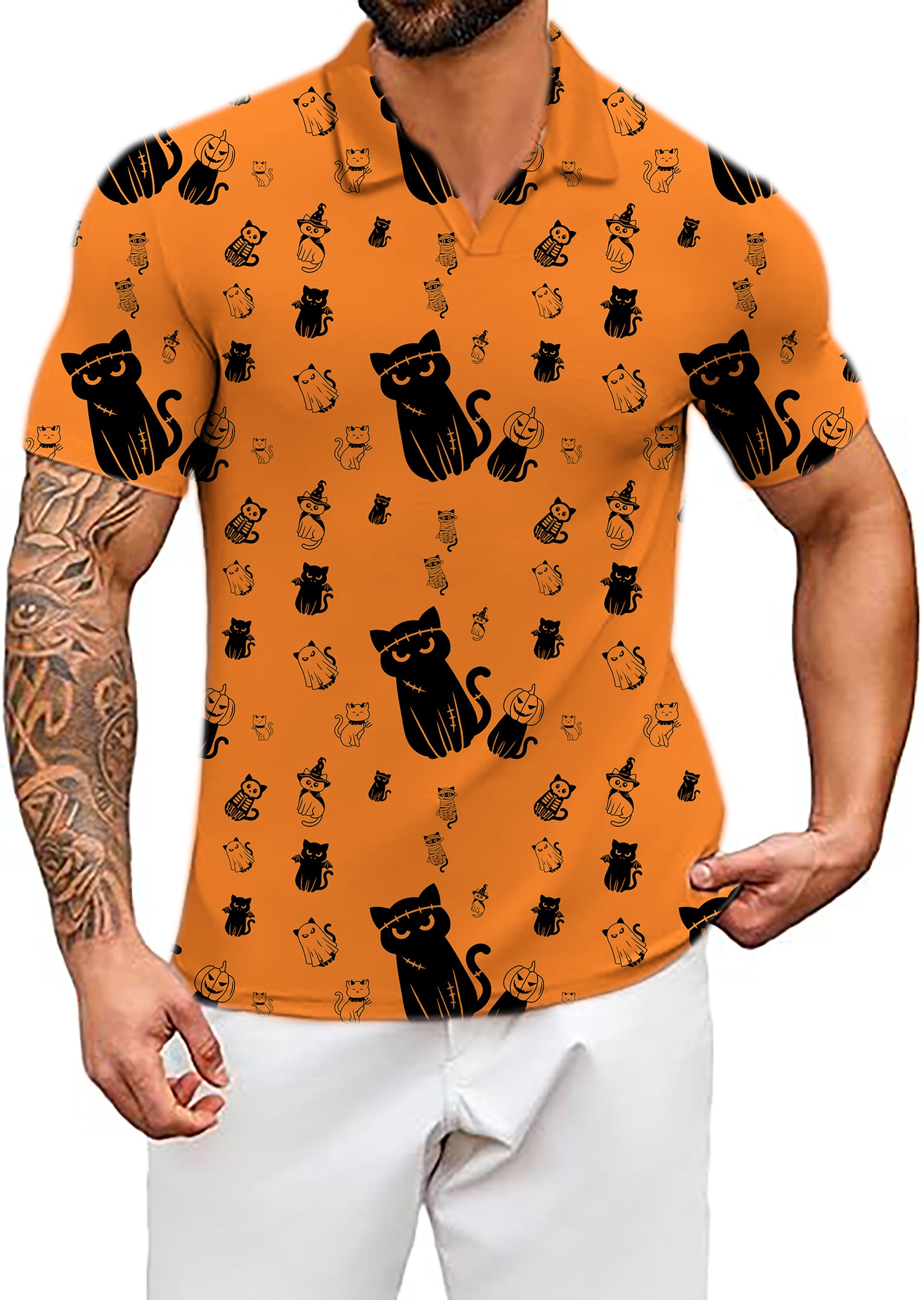 Men's Coconut Palm Halloween Cute Cat Custom The Background Color V Neck Golf Polo Shirts