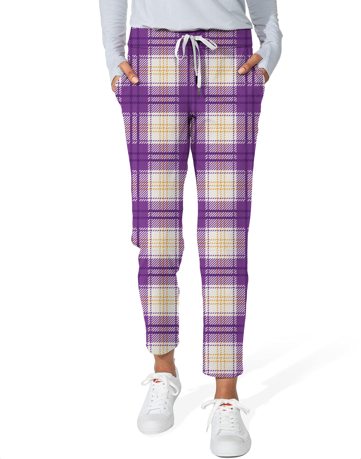 Halloween purple and yellow grid pattern Women's 7/8 Stretch Ankle Golf Pants