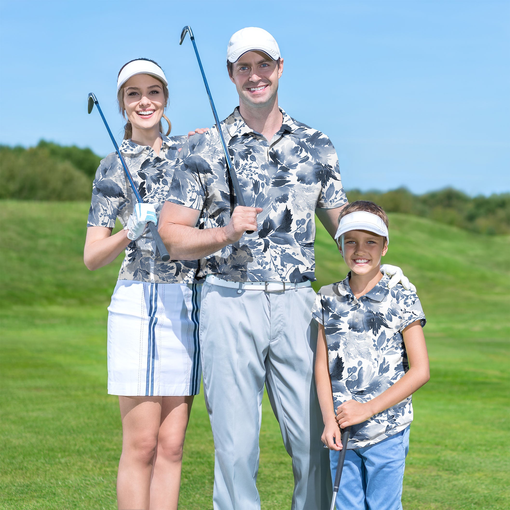 Golf Polo Couple Family set BLUE LEAVES