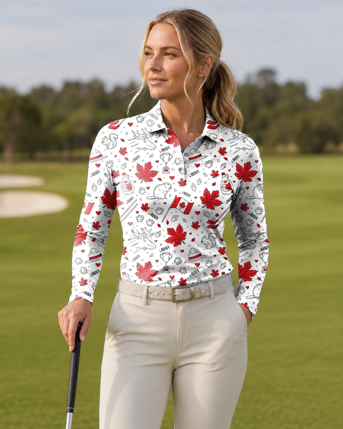 Canadian Balloon Squirrel Maple Leaves Women's Long-Sleeved Golf Polo