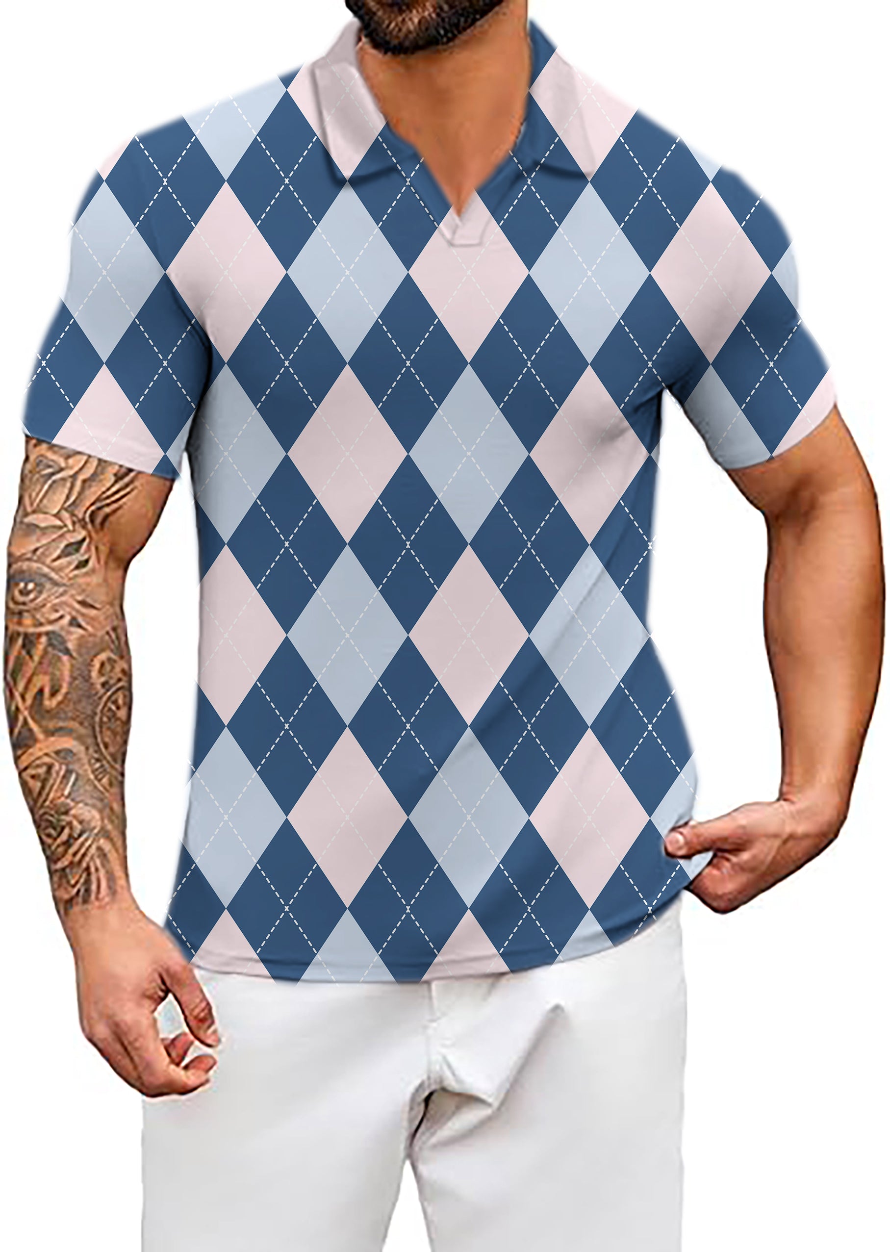 Men's blue Argyle V Neck Golf Polo Shirts
