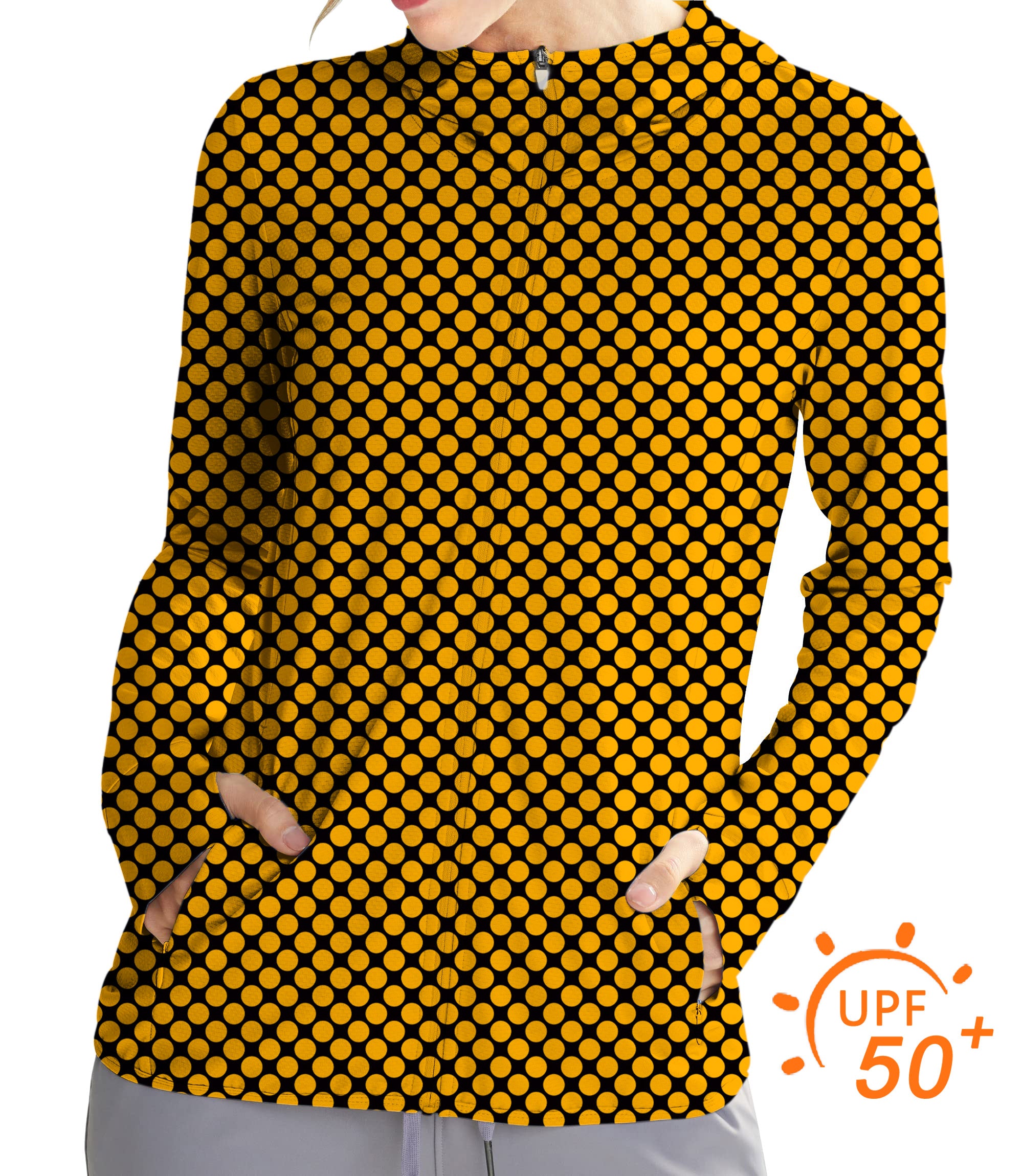 Women's Outdoor Halloween black and yellow polka dots Golf Sun Protection Slim Fit zip hoodies