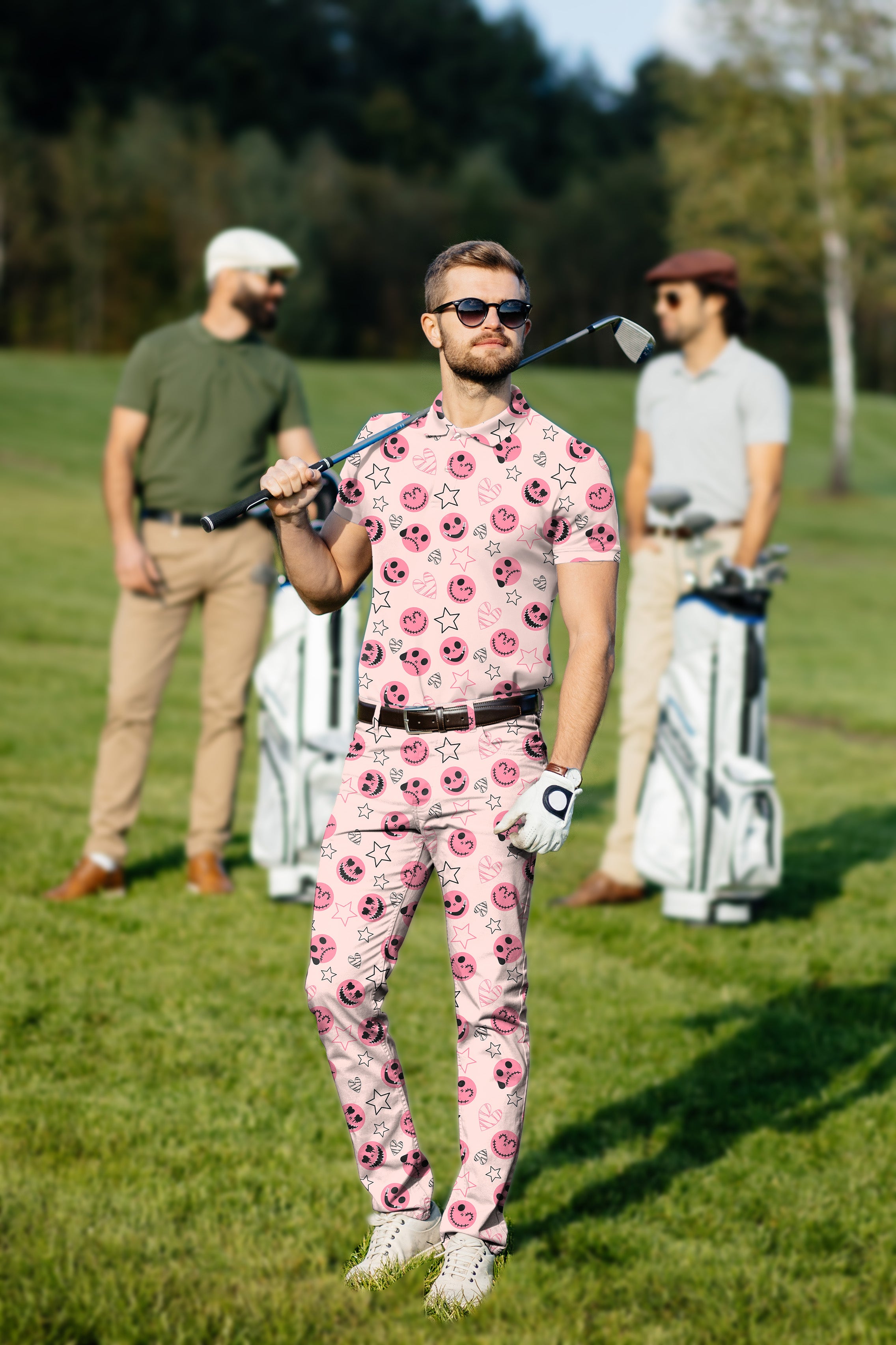 Men's Golf Set Polo+Pants Halloween pink smiley face