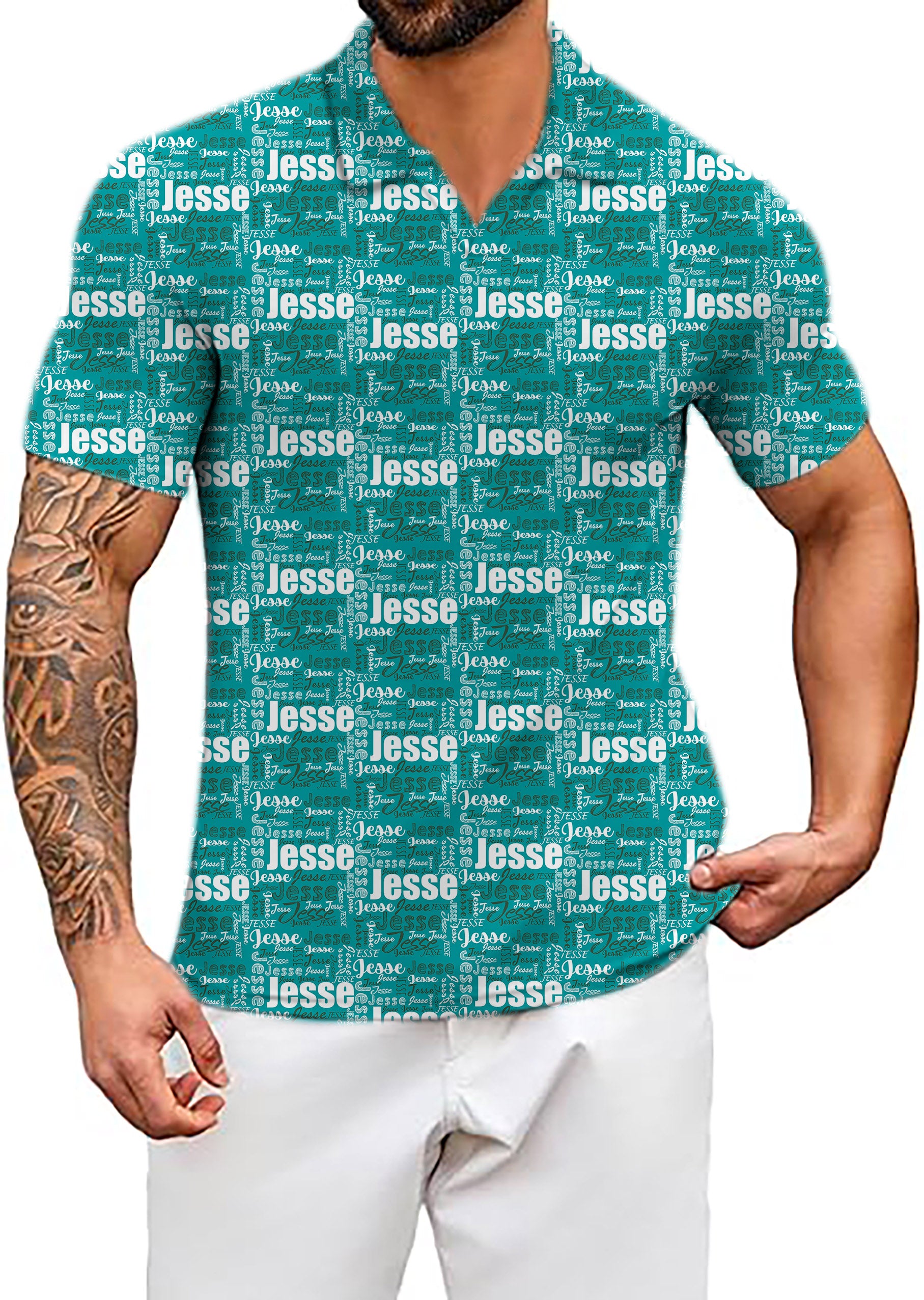 Men's Custom name teal V Neck Golf Polo Shirts