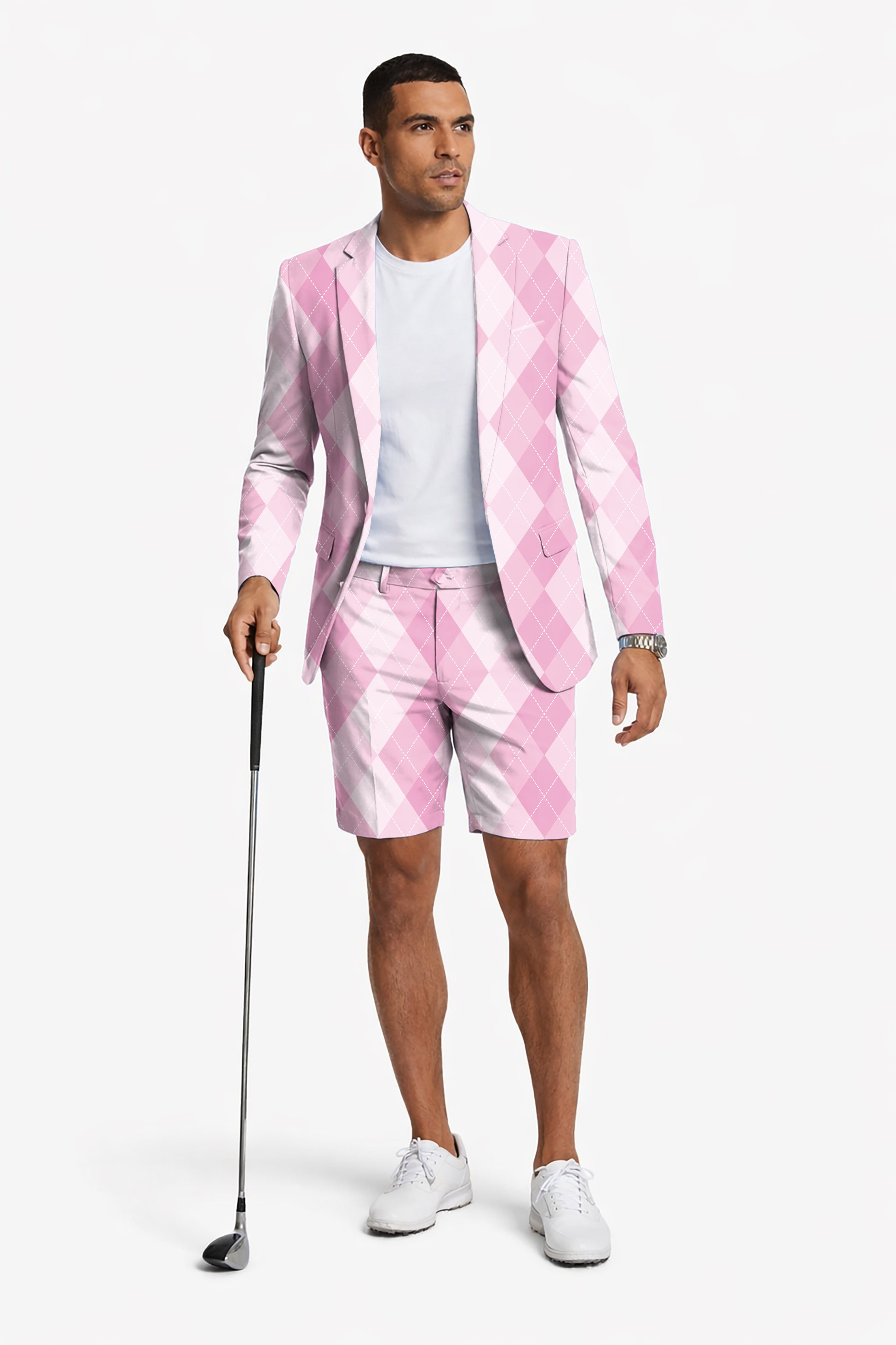 pink Argyle Men's Party Costumes-Theme Party 2pcs Suit set-Blazer Shorts