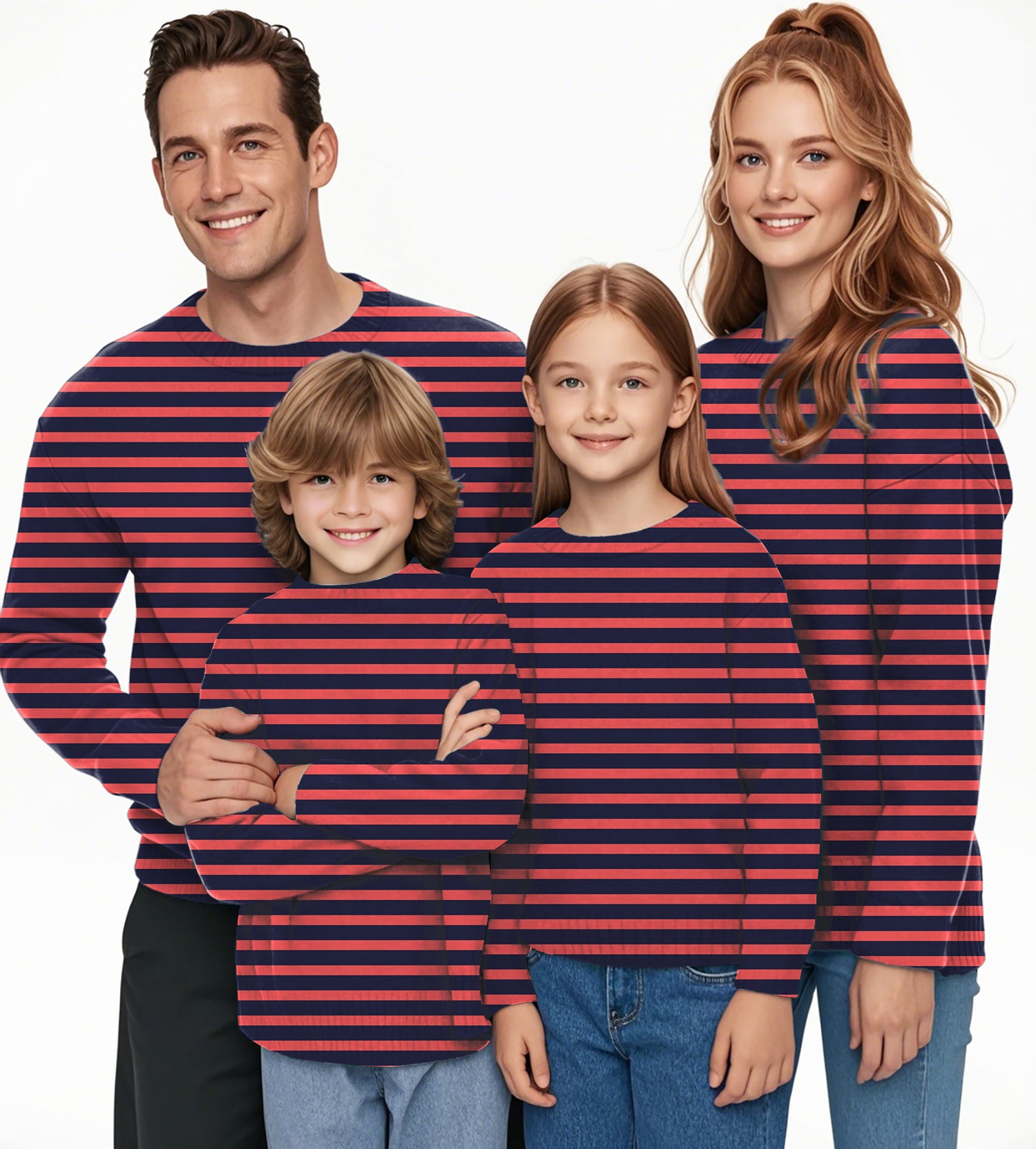 Navy Red Stripes Crewneck Pullover Ugly Sweater Men Women boy girl family