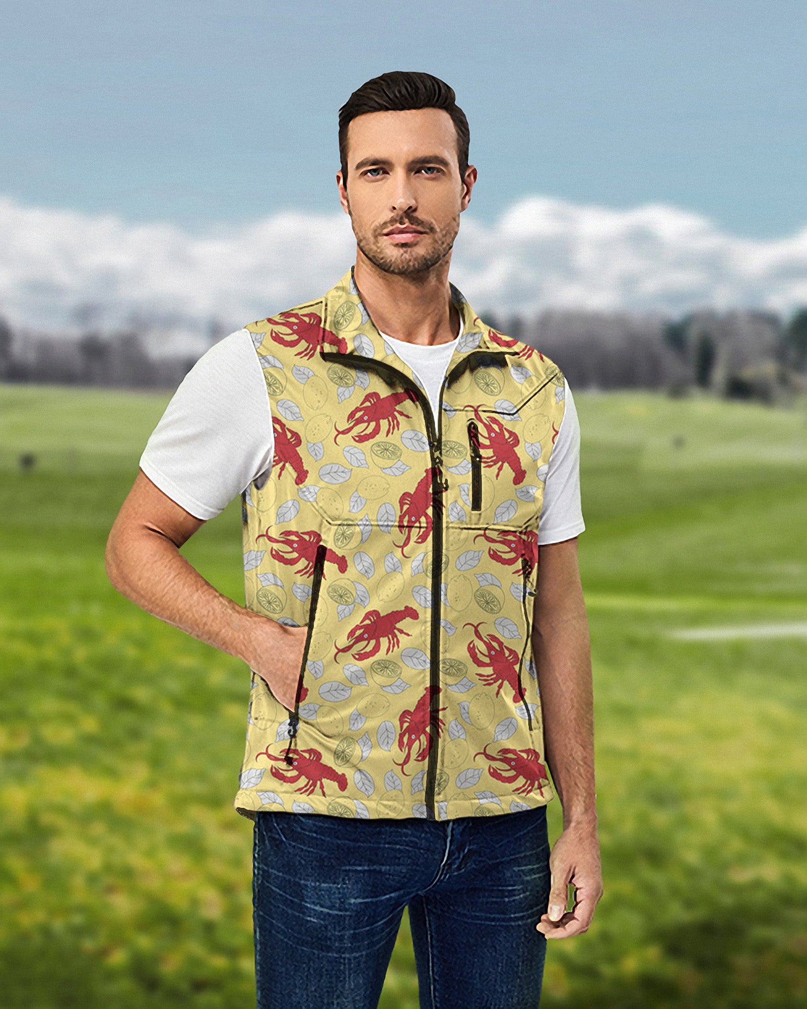 Men's Yellow-Crawfish-Lemon Lightweight Softshell Vest Sleeveless Jacket for Golf