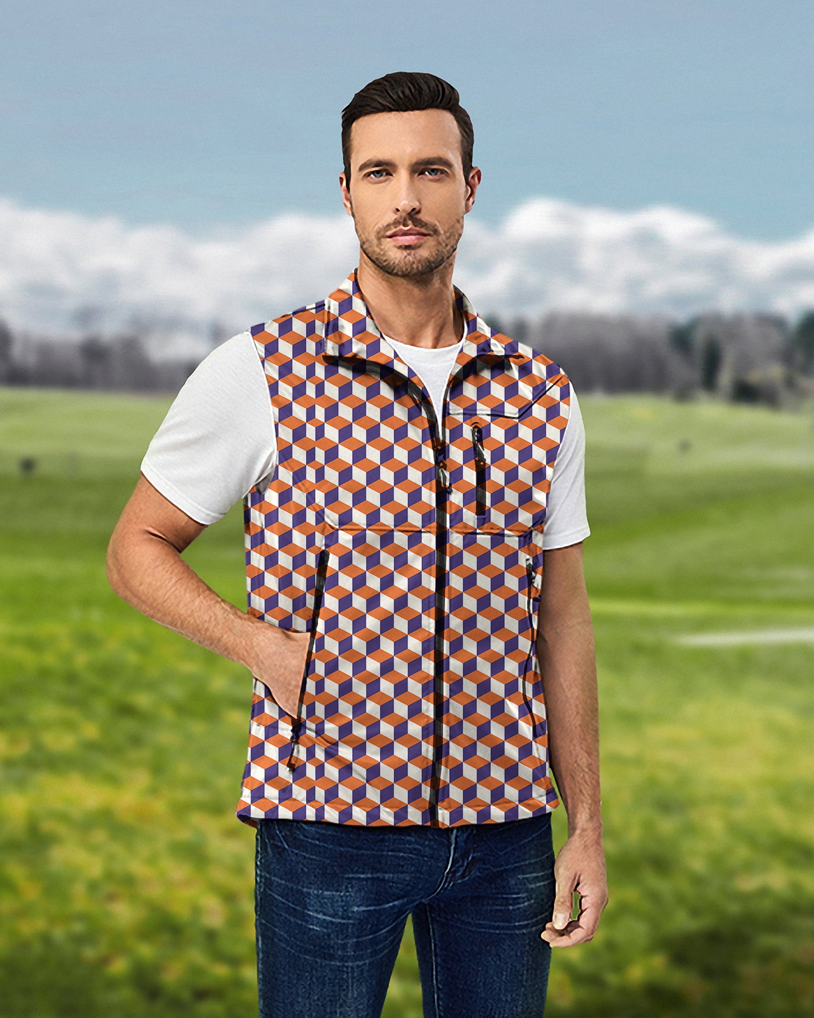 Men's orange  3d square box Lightweight Softshell Vest Sleeveless Jacket for Golf Windproof Waterproof