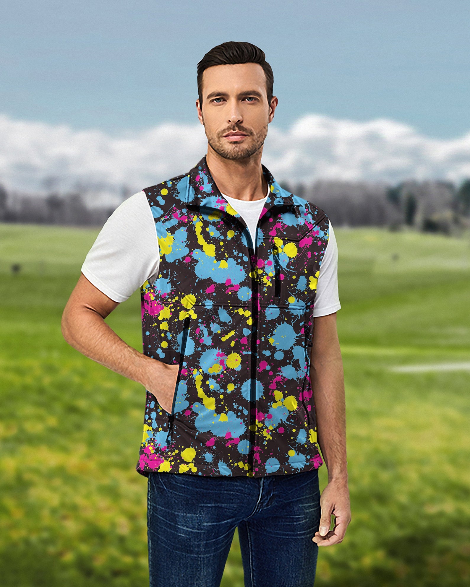 Men's V2 Paint Splatter Lightweight Softshell Vest Sleeveless Jacket for Golf