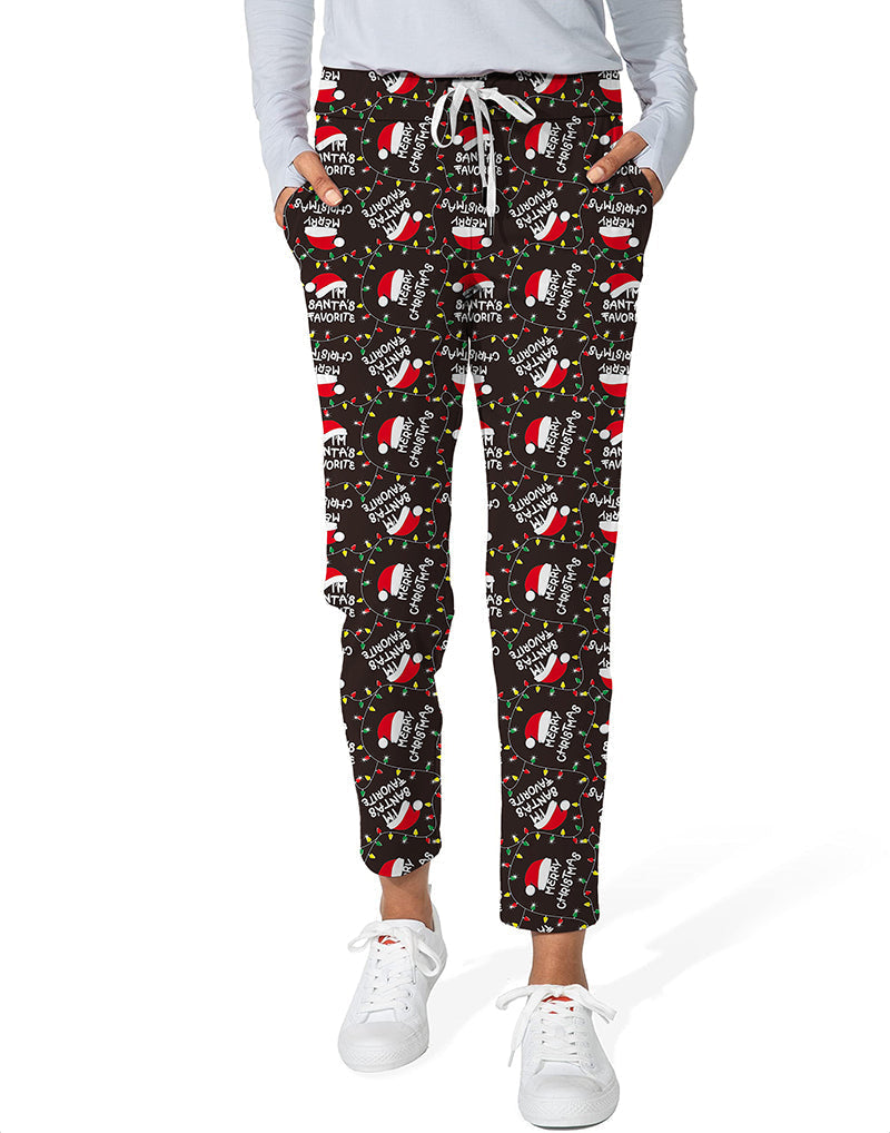 Black Christmas hat themed women's 7/8 stretch ankle golf pants with festive print and side pockets