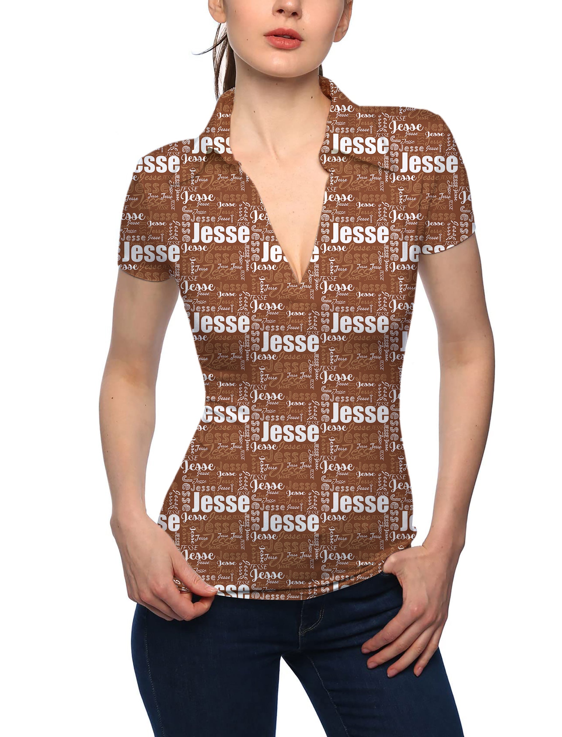 Women's Custom name brown V Neck Golf Polo