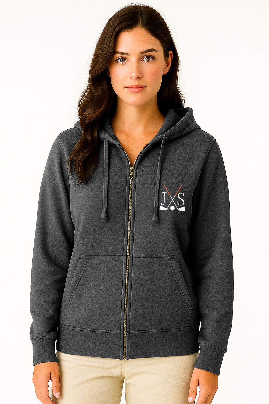 Embroidery Solid Color black plus size women's zipper hoodie with golf club initials design