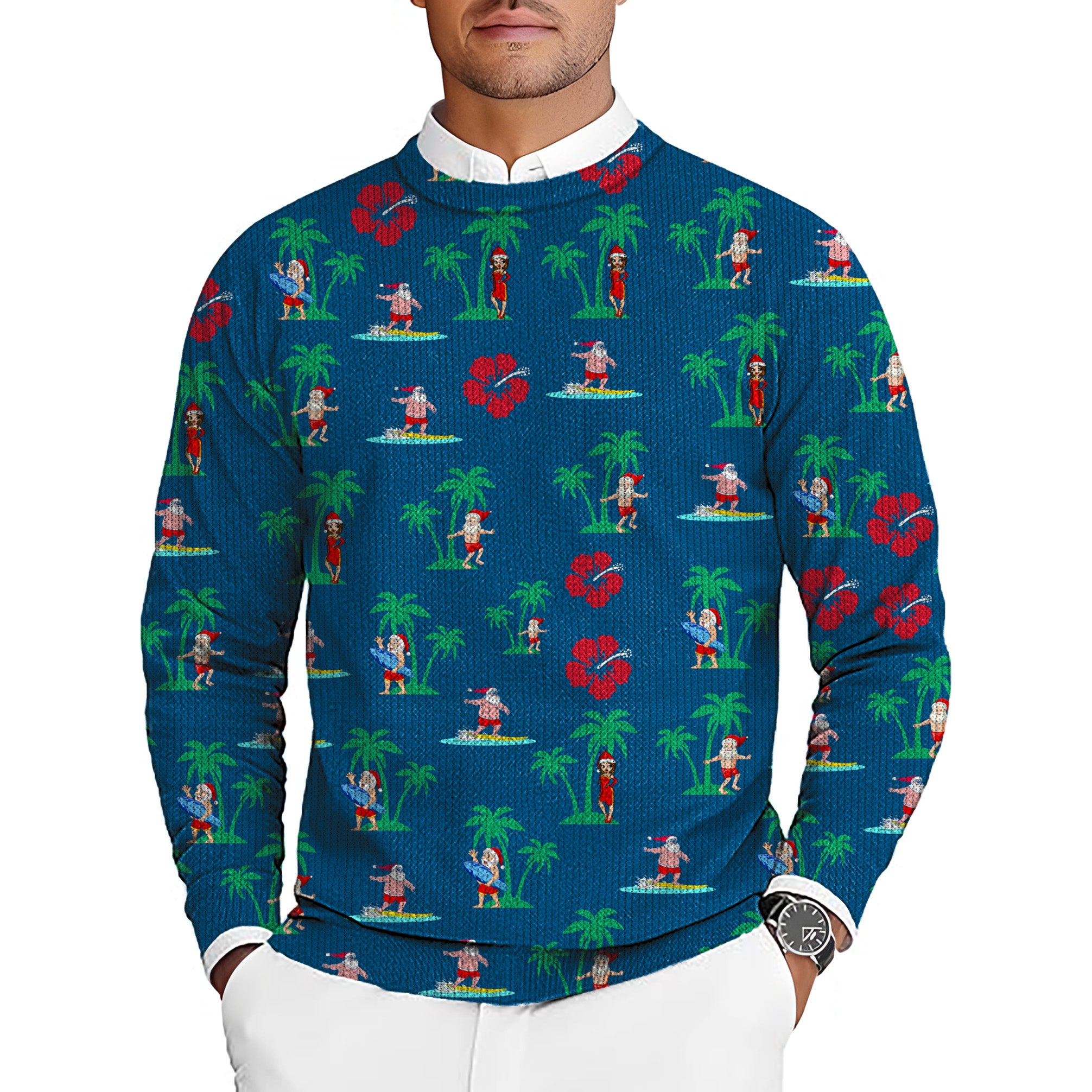 Surfs Up Santa Men's Golf Crewneck Pullover Sweaters Ugly Sweater