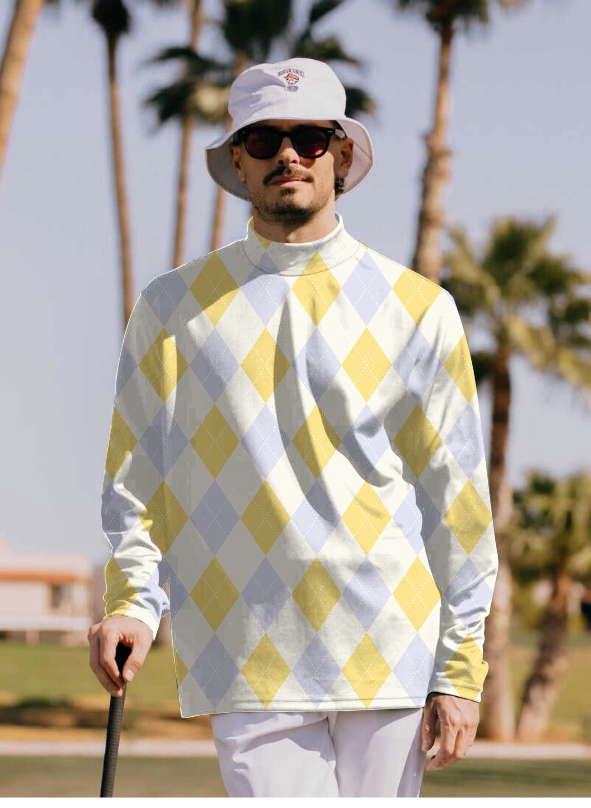 Men's Yollow Argyle Pullover High neck Long/Short sleeve T-Shirt