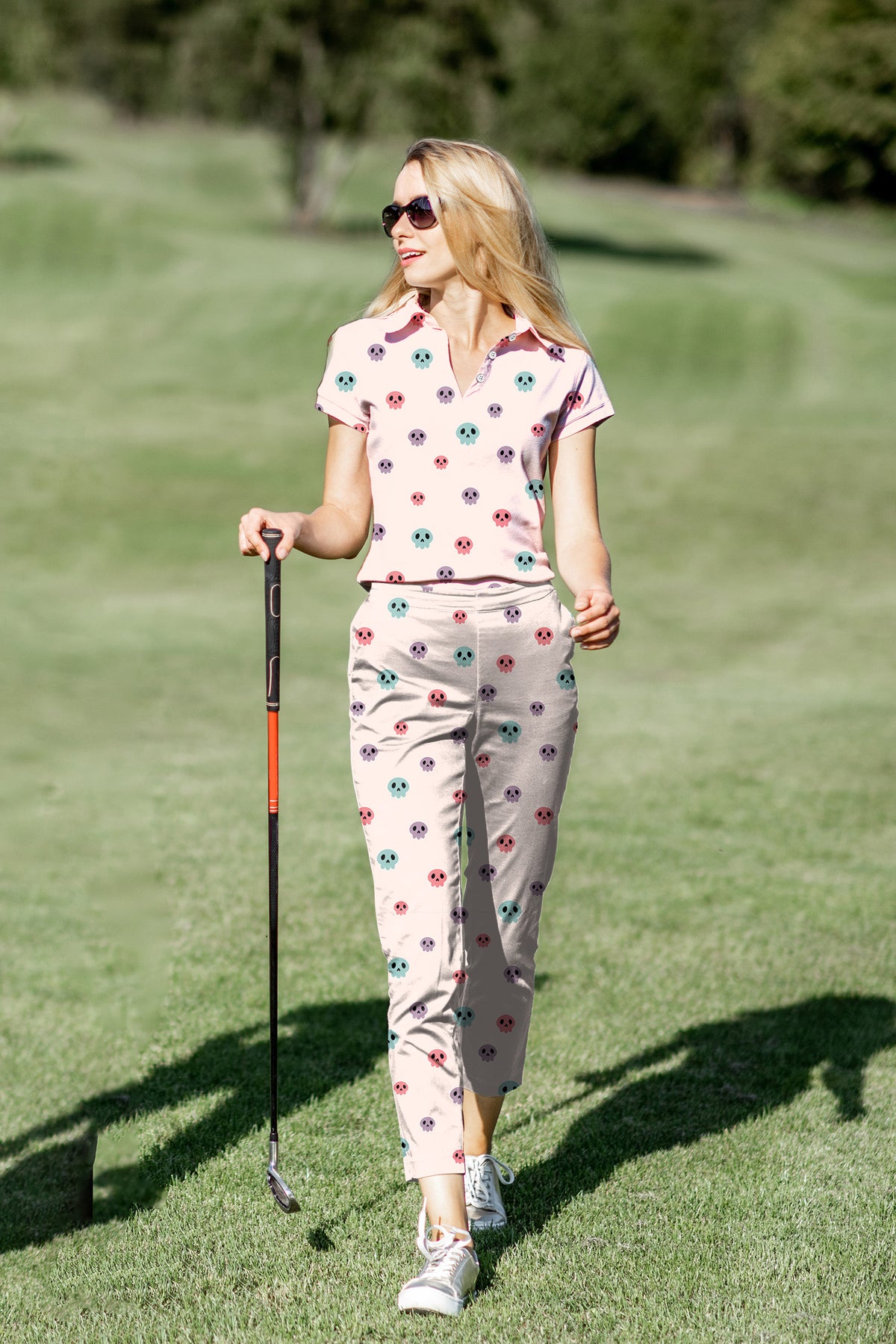 Women's Golf Polo+Pants Set Colorful Halloween Skull