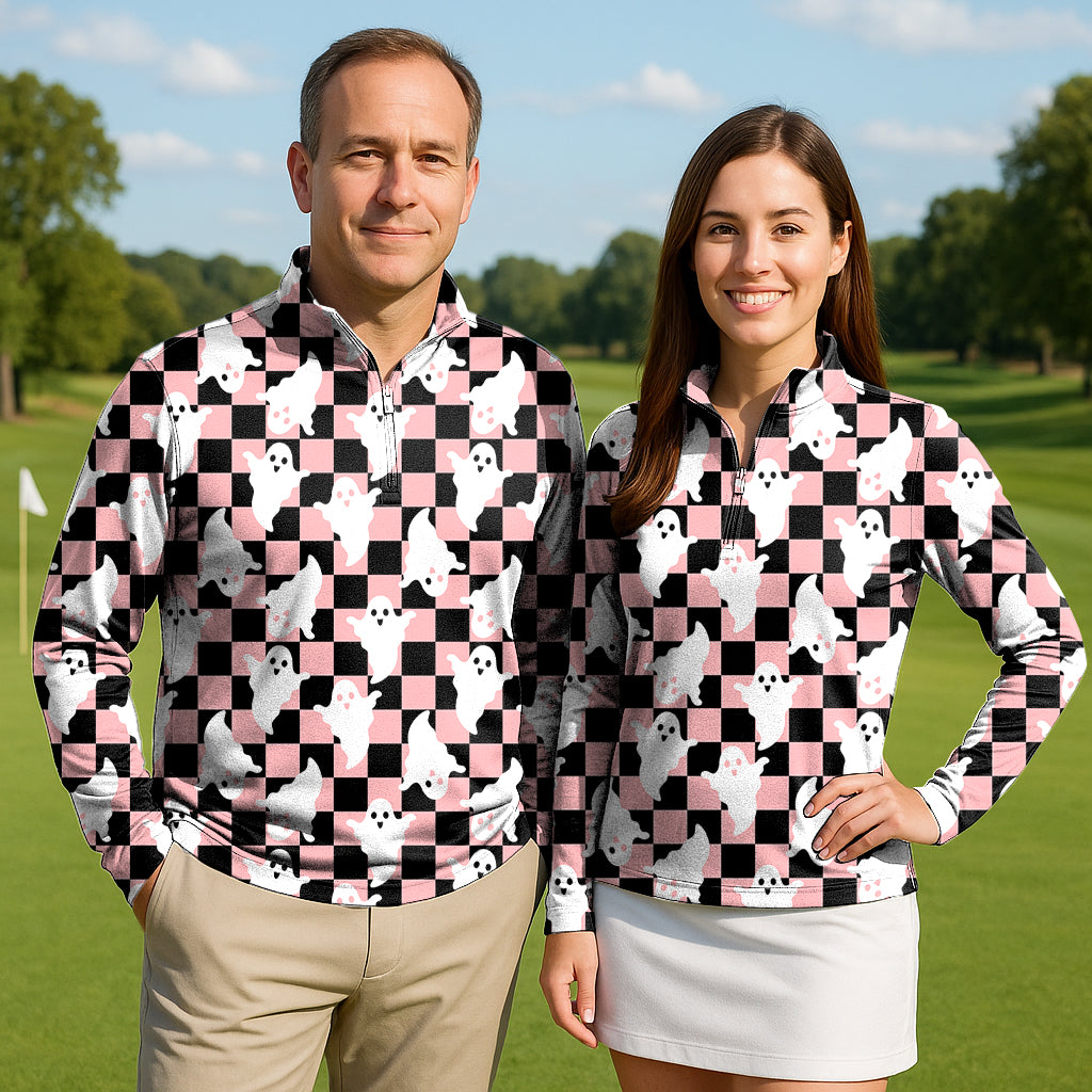 Halloween Black and White Checkerboard Ghost Couple Golf Active 3/4 Zipper Top Long Sleeves