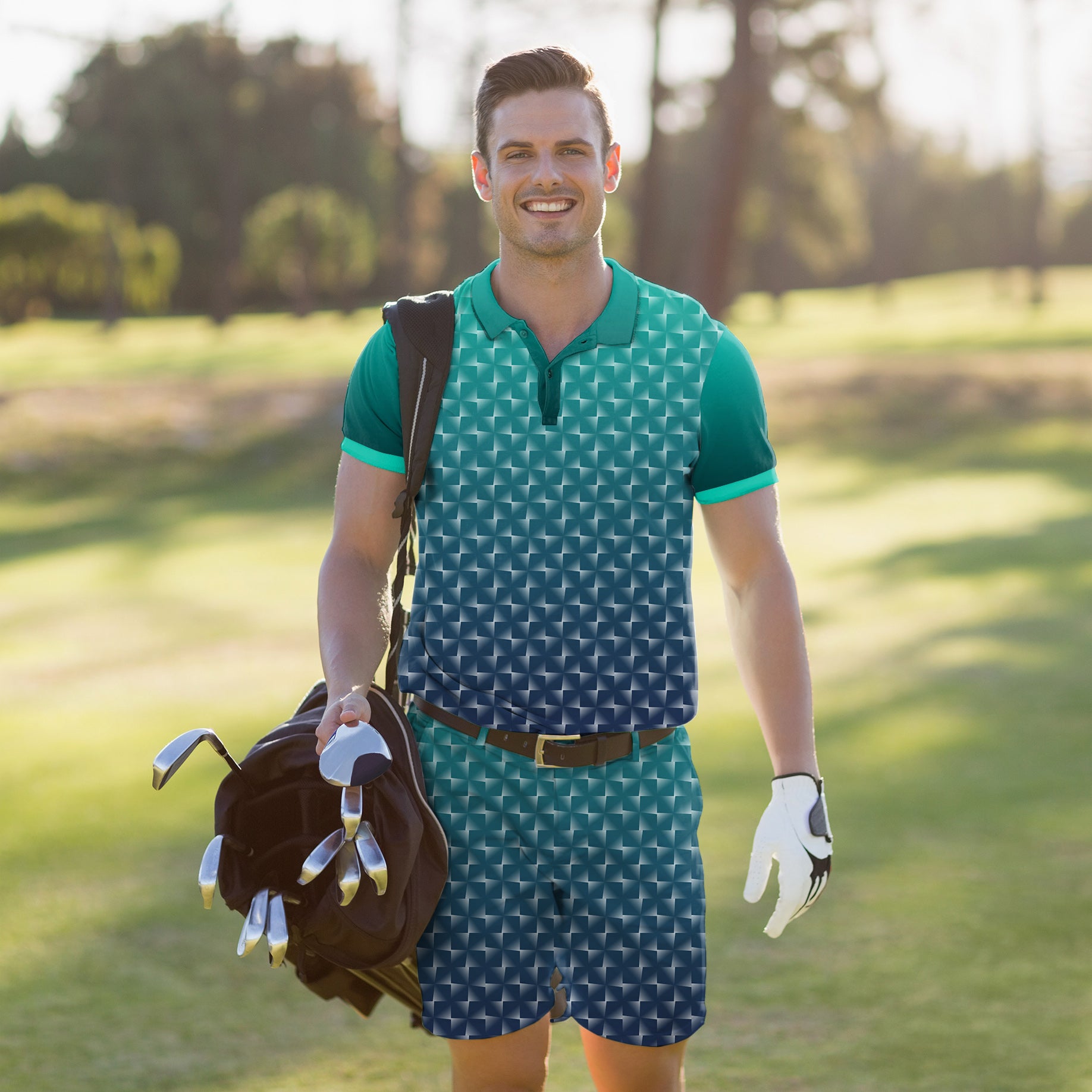 Men's Golf Set Polo+Shorts Cyan Gradient Custom Sport Team Competition Uniforms