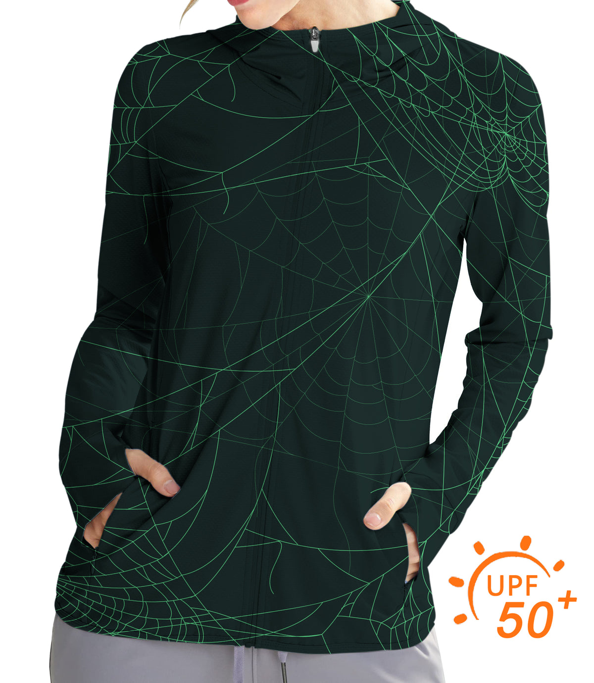 Women's Outdoor Halloween Green Spiderweb Golf Sun Protection Slim Fit zip hoodies