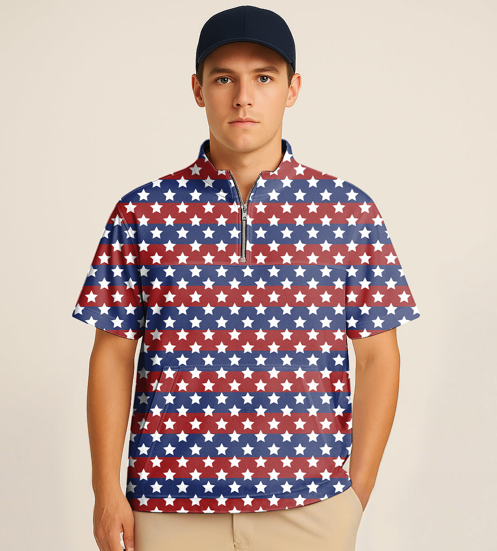Half Zipper Turtleneck Golf Short Shirt US Flag Stars Quilting Golf Cover Set Embroidery