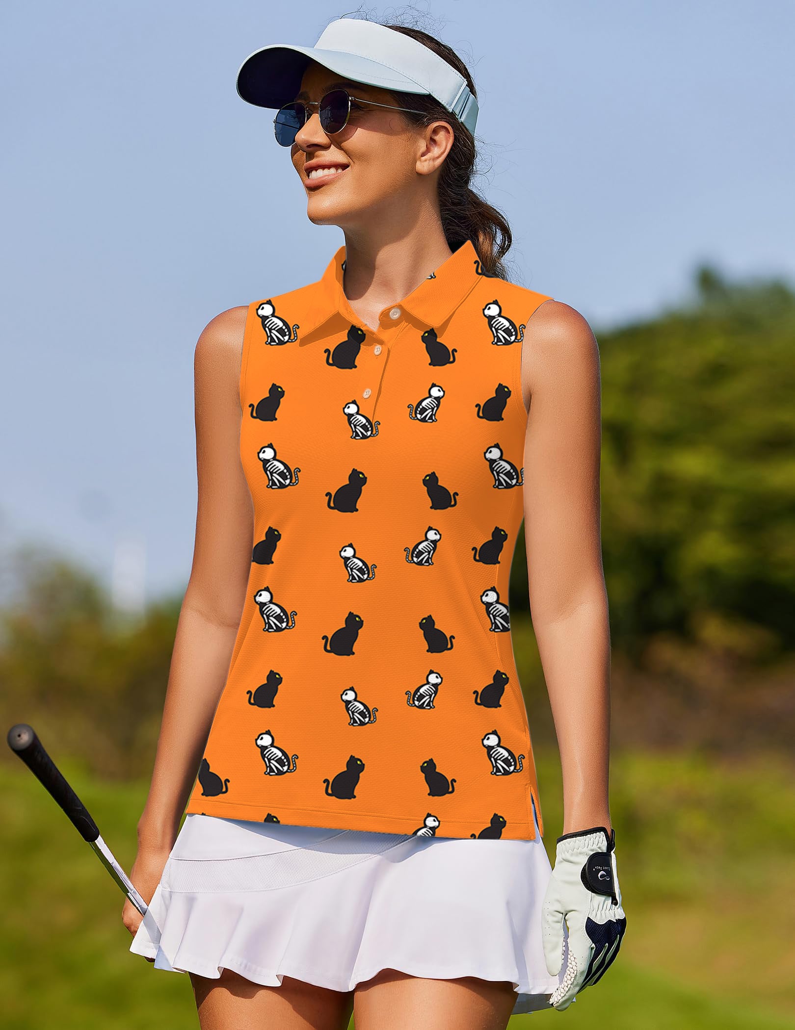 Halloween Skull Cat Custom The Background Color Women's golf Sleeveless shirt