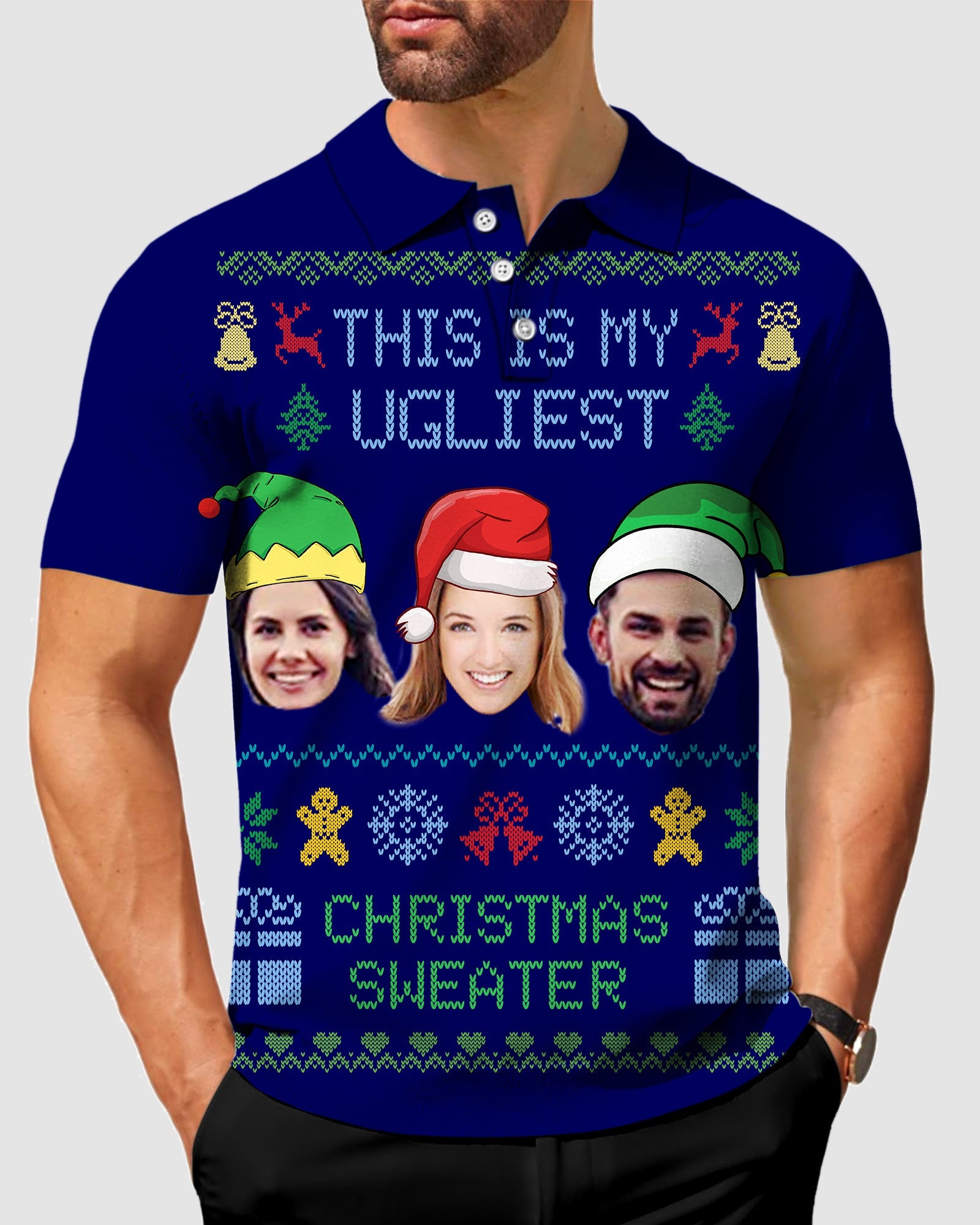 Men's red Christmas custom face polo with festive design and personalized photo faces