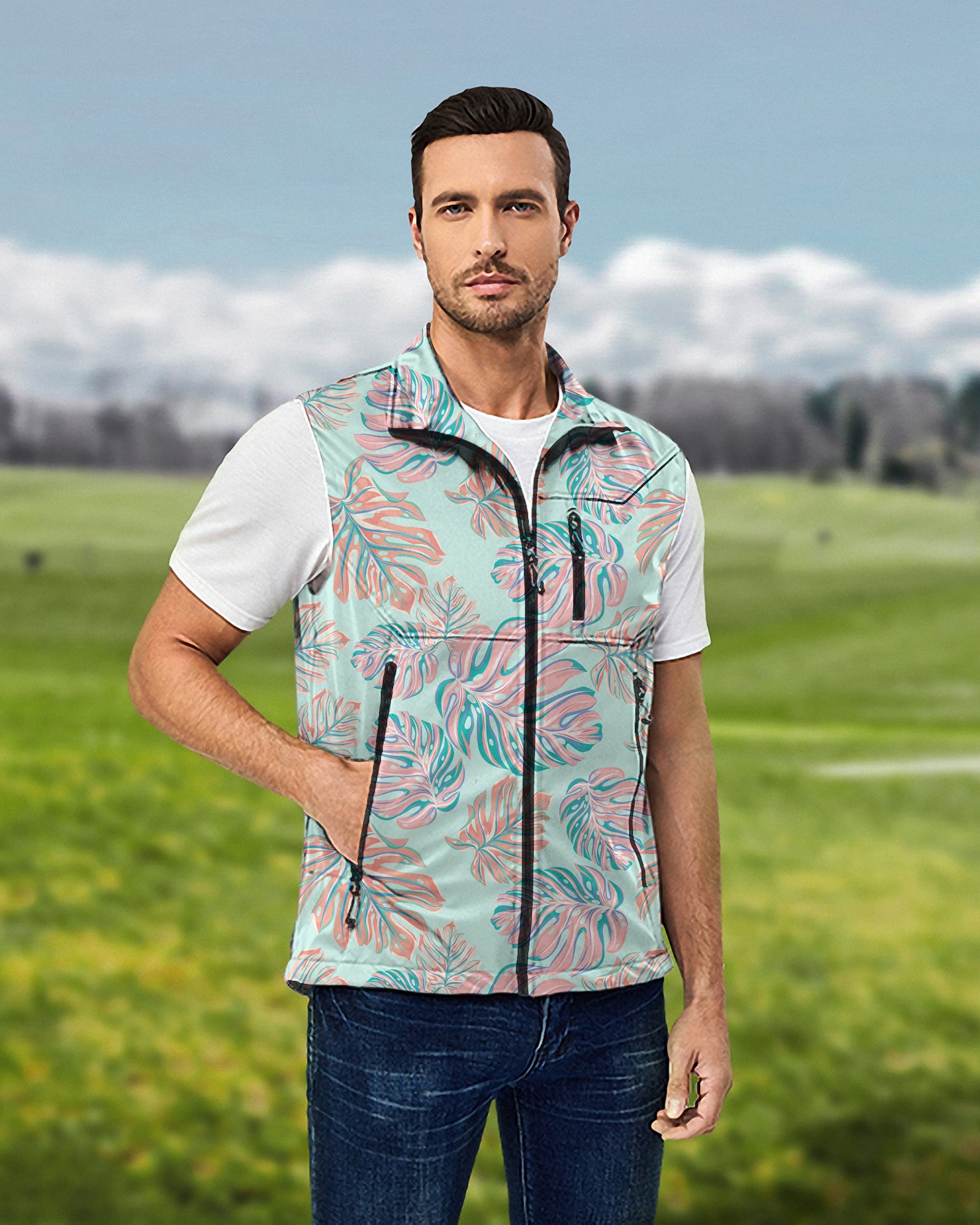 Men's Magic Leaves Lightweight Softshell Vest Sleeveless Jacket for Golf Windproof Waterproof