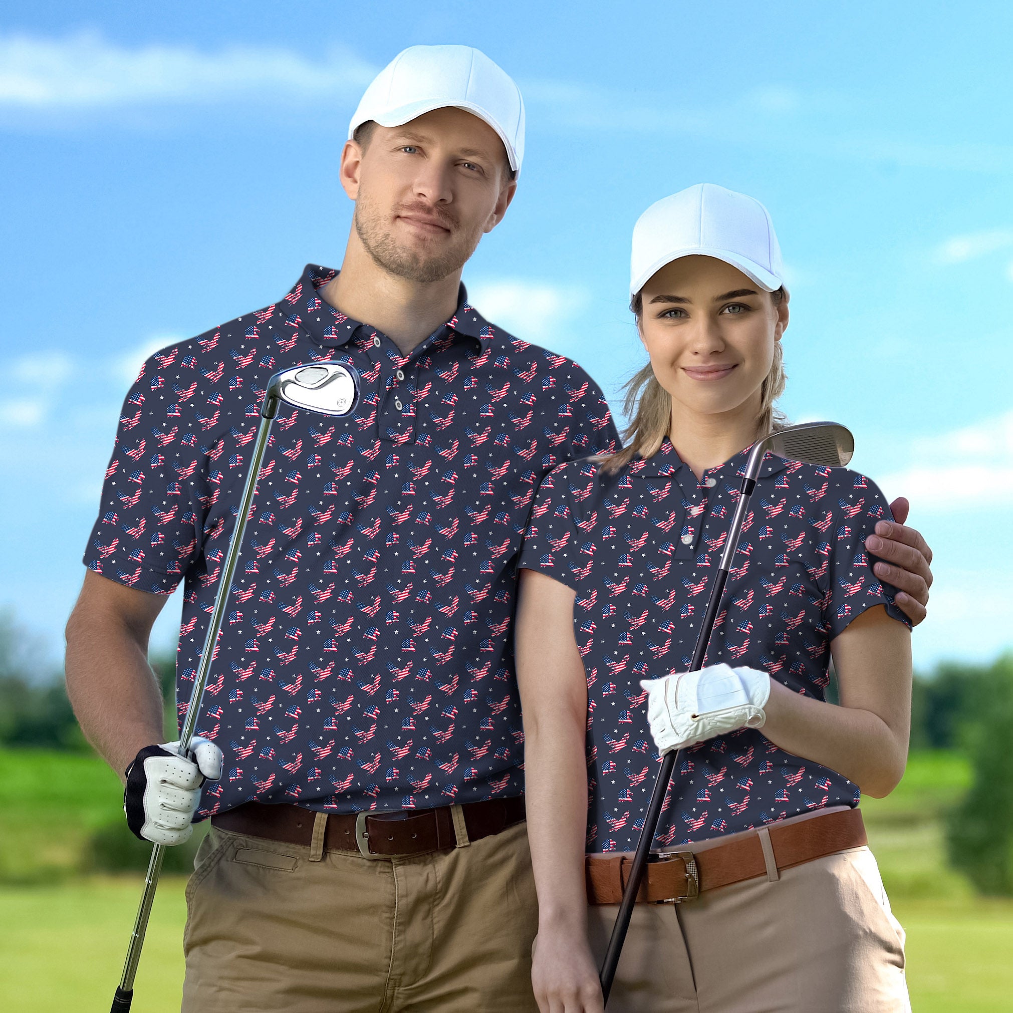 Golf Polo Couple Family set eagle American flag tournament