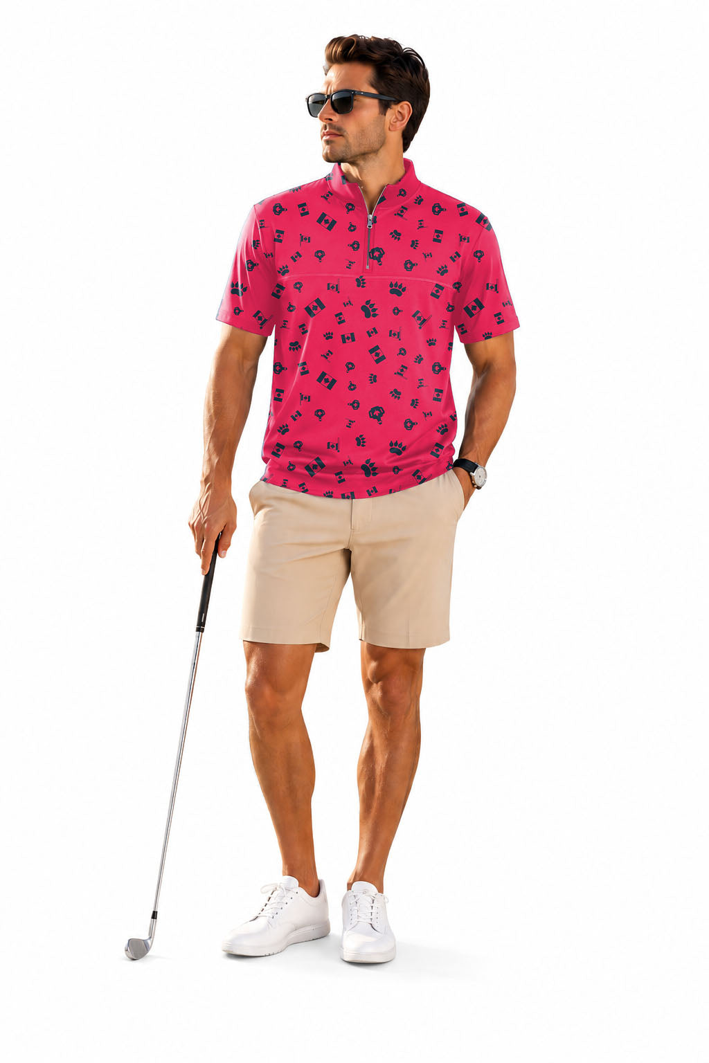 Men's Short Sleeve Quarter Zip Golf Pullover   Canadian Flag Paw Embroidery