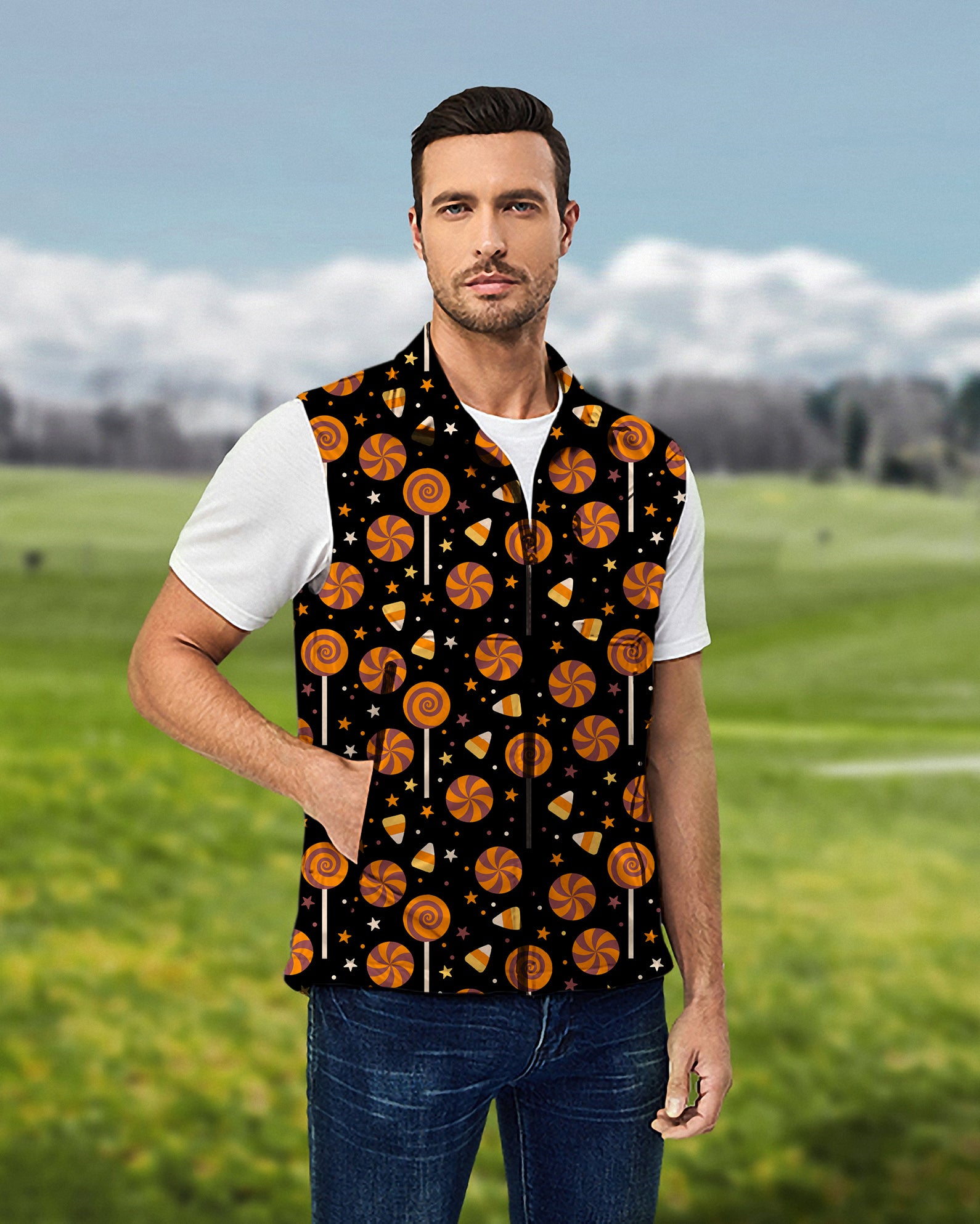 Men's Halloween Lollipops Lightweight Softshell Vest Sleeveless Jacket for Golf Windproof Waterproof